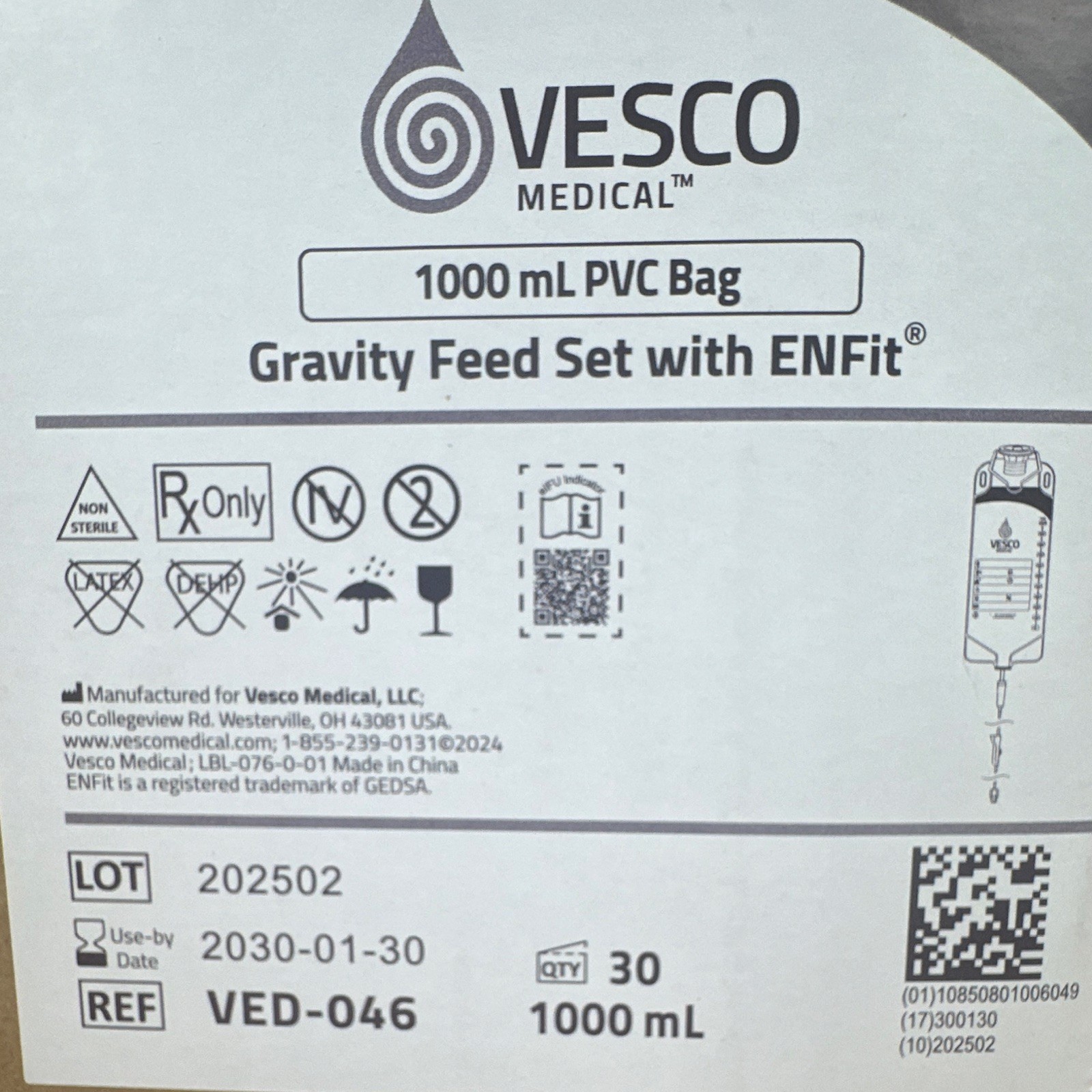 Lot of 30 Vesco Medical 1000mL PVC Bag Gravity Feed Set with ENFit VED-046
