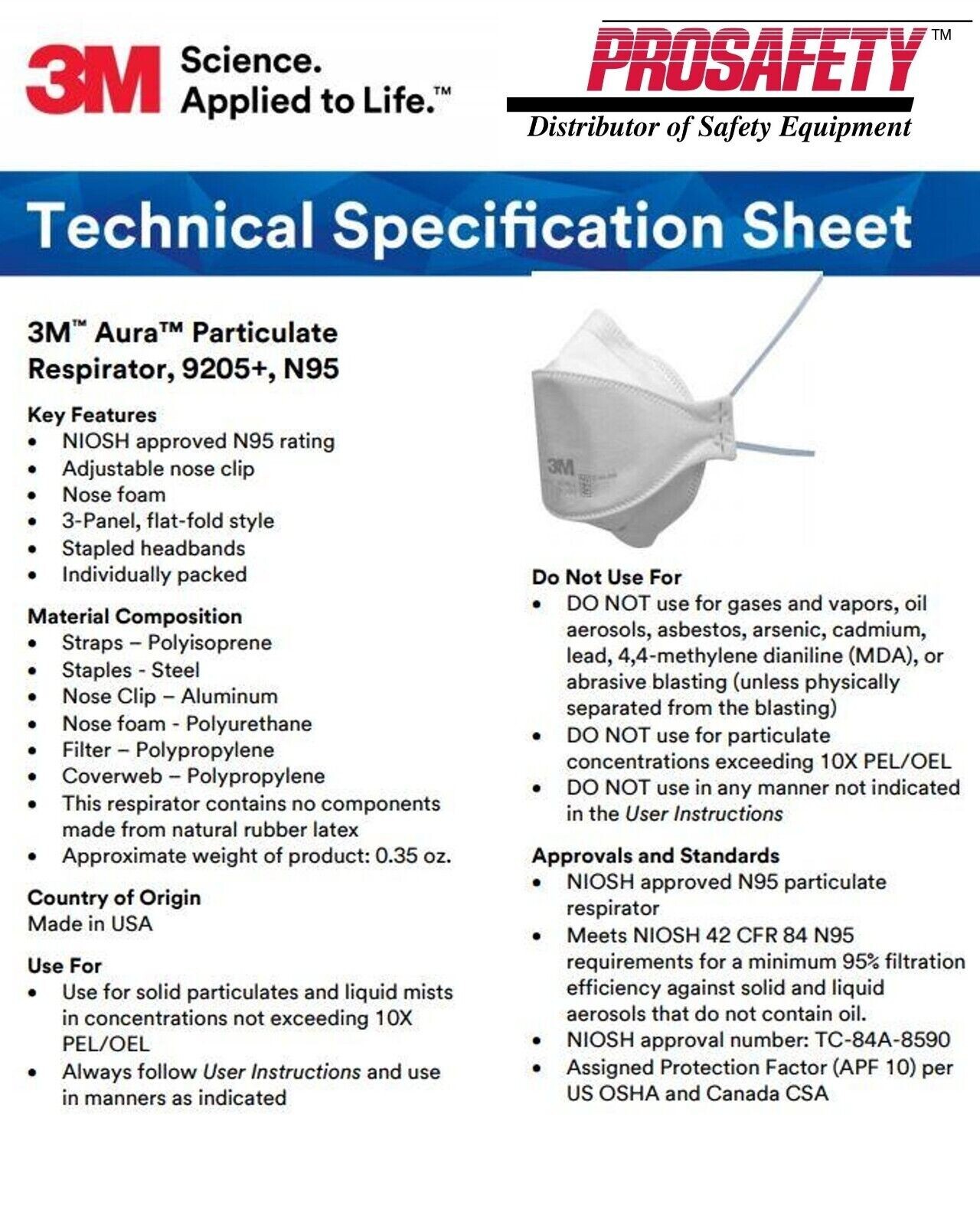 3M 9205+ AURA N95 NIOSH Approved Particulate Respirator Mask Face Masks USA MADE