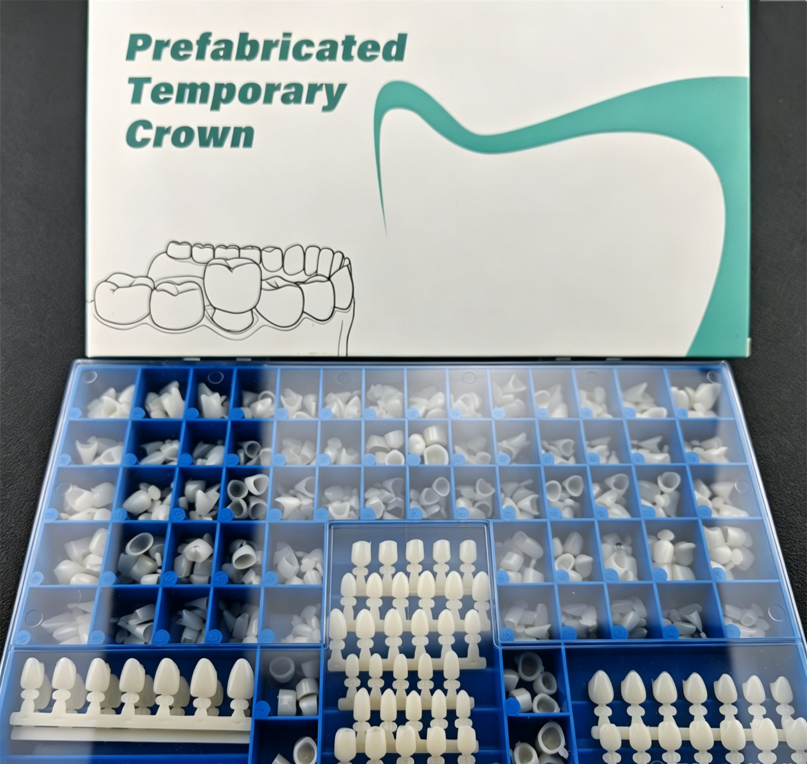 NEW POLYCARBONATE TEMPORARY DENTAL CROWNS BOX KIT 390Pcs W/ CROWN MOLD GUIDES