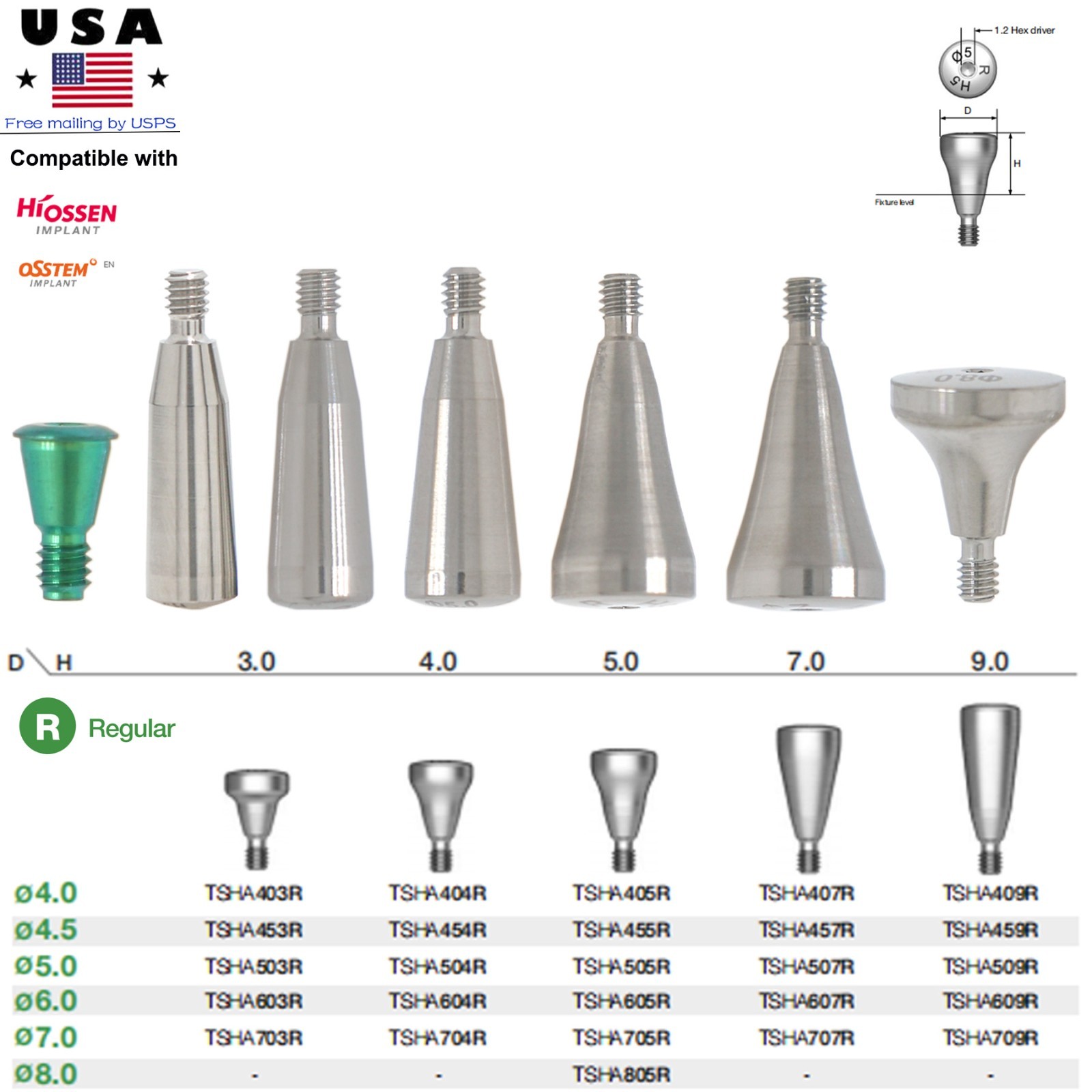 5Pcs US Dental Healing abutment Cap compatible with Osstem TS Mini/Regular Hex