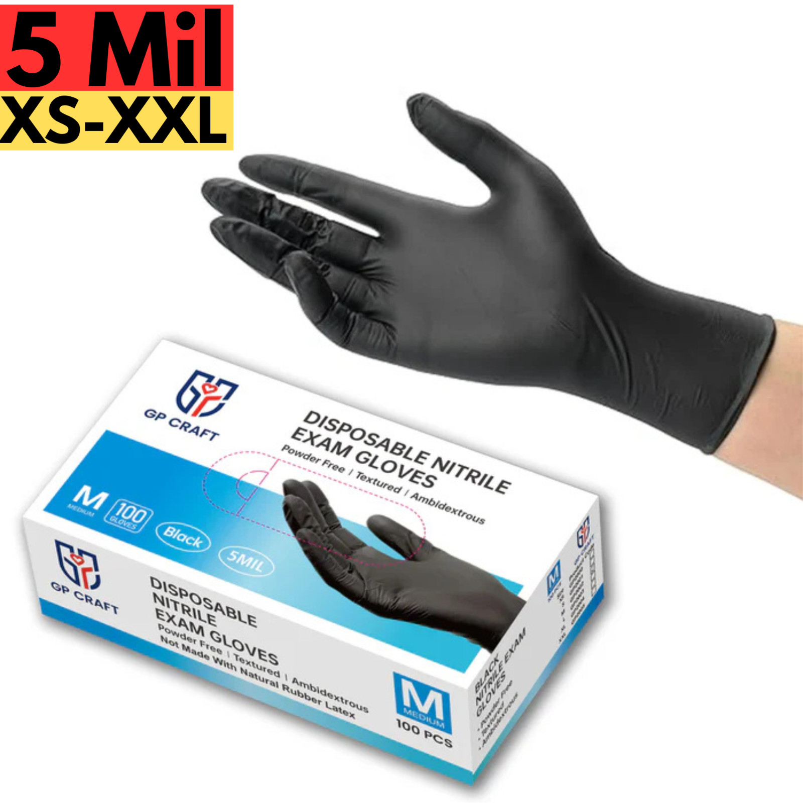 Black Nitrile Disposable Exam Gloves Textured, Powder Free, Latex Free All Sizes