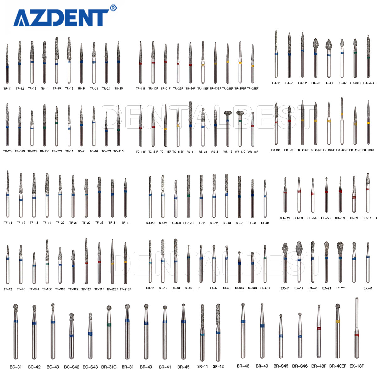 100 Types Dental FG Diamond Burs For High Speed Handpiece Friction Grip 50pcs