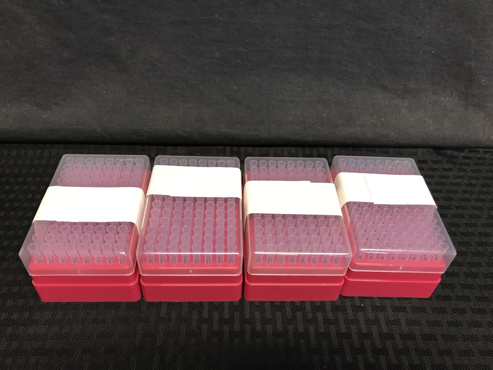 (4) Laboratory Plastic 96-Tip Racked Pipet Tips Unknown Brand and Size