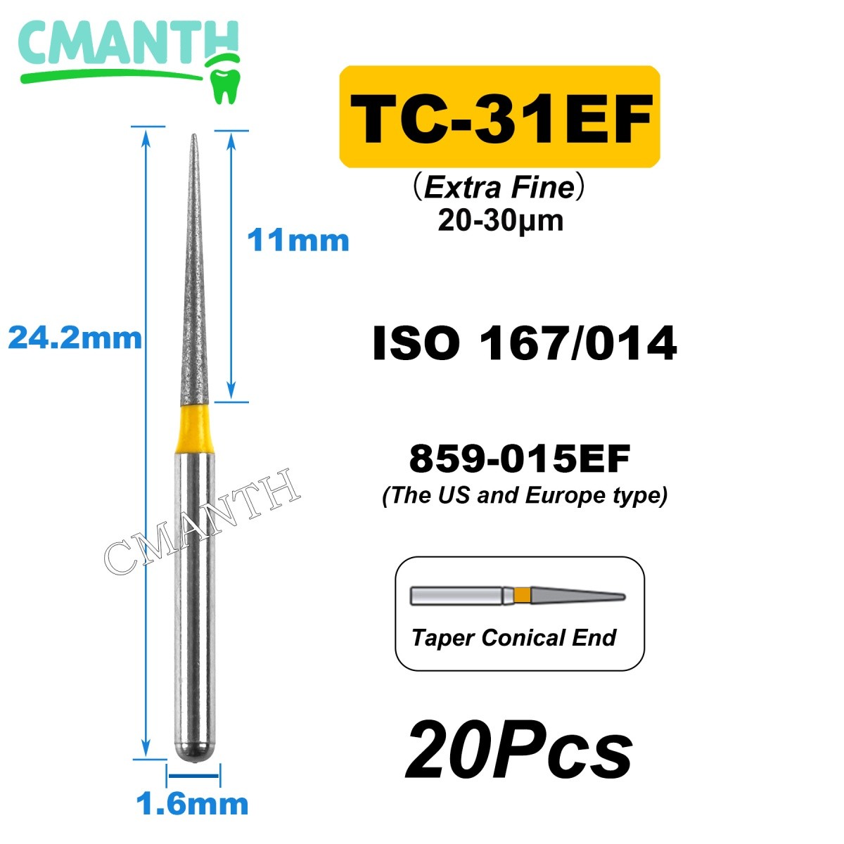 US Fine Dental Burs Diamond Burs High Speed Turbines Drills Tools 1.6mm 20pcs