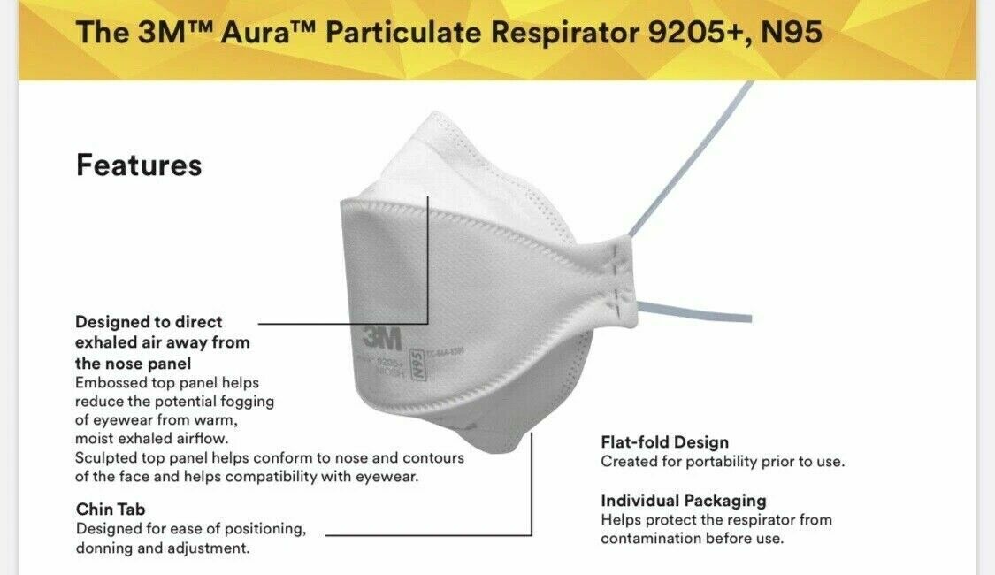 3M™ N95 Aura™ 9205+ | 20 Masks | NIOSH Approved Particulate Respirator Masks