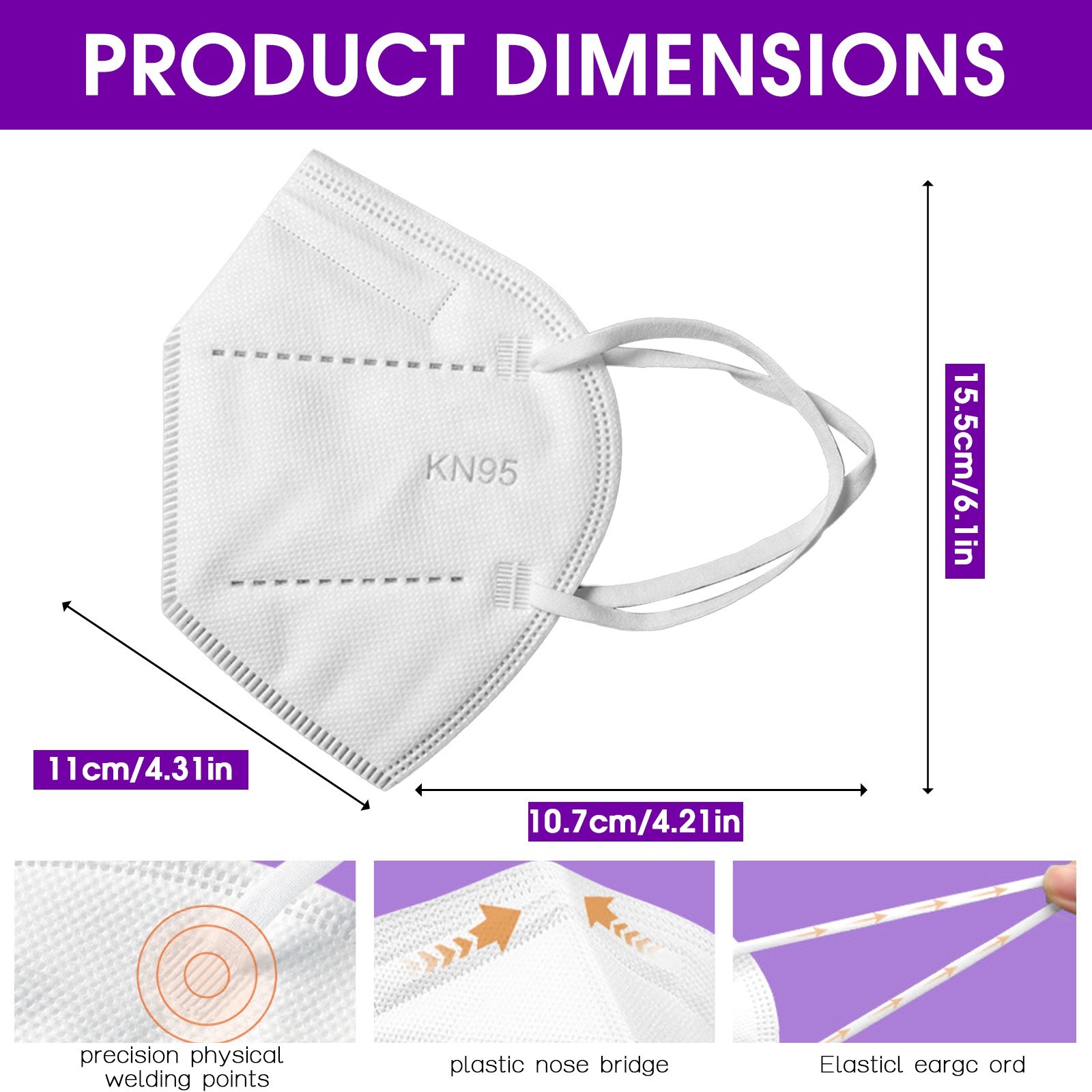 KN95 Disposable Face Mask, 50Pack: 5-Ply Breathable Safety White