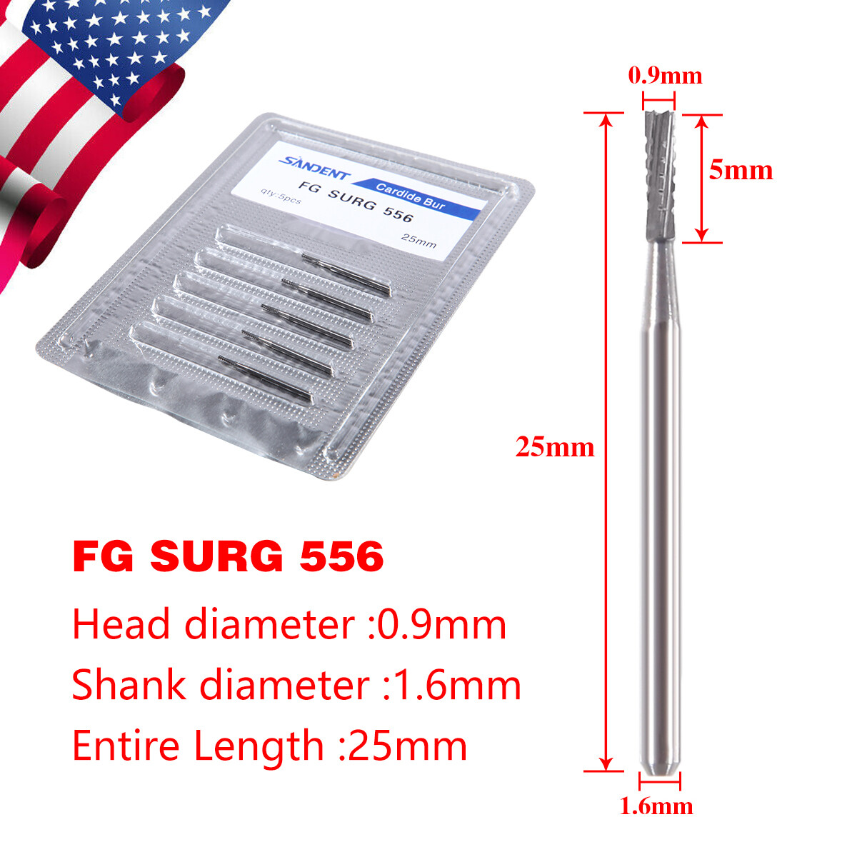 Dental Surgical Length Bur Tungsten Carbide 25mm FG SURG 556 straight fissure DL
