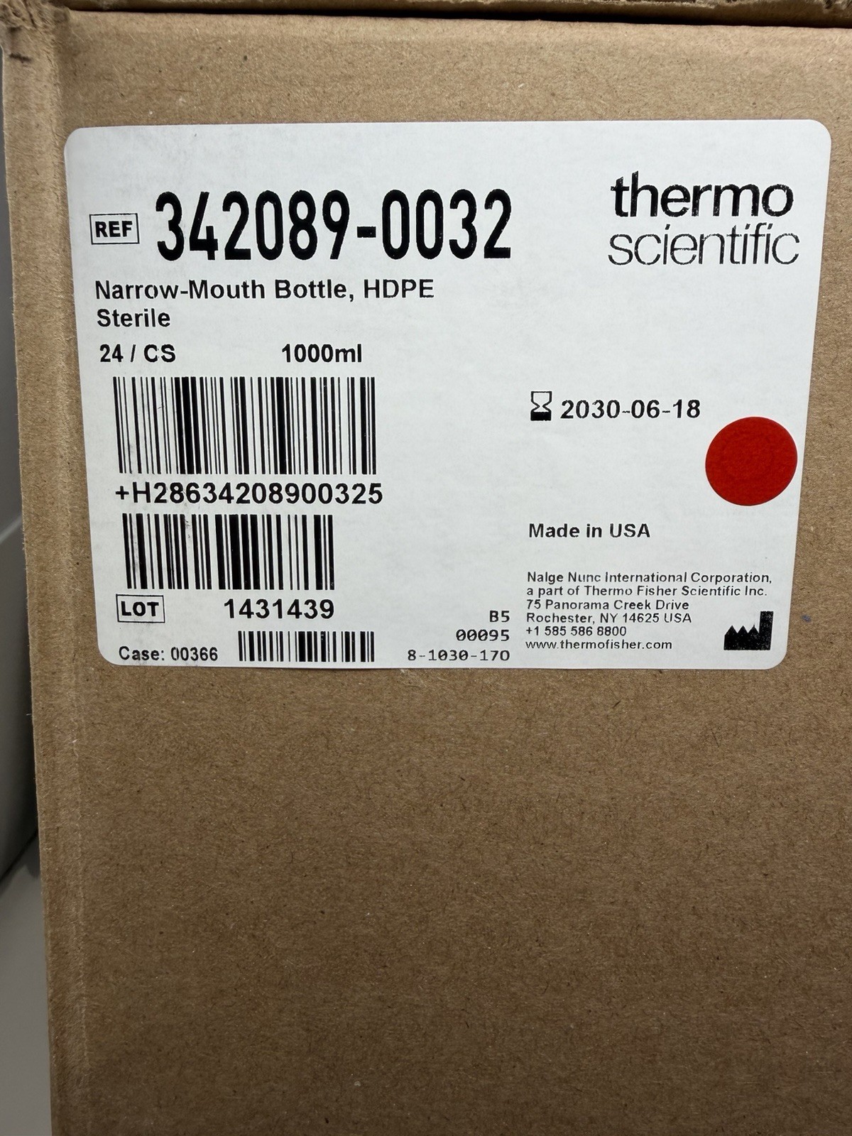 Thermo Scientific 342089-0032 HDPE Sterile Narrow-Mouth Bottle, 1000ml, 24/Case