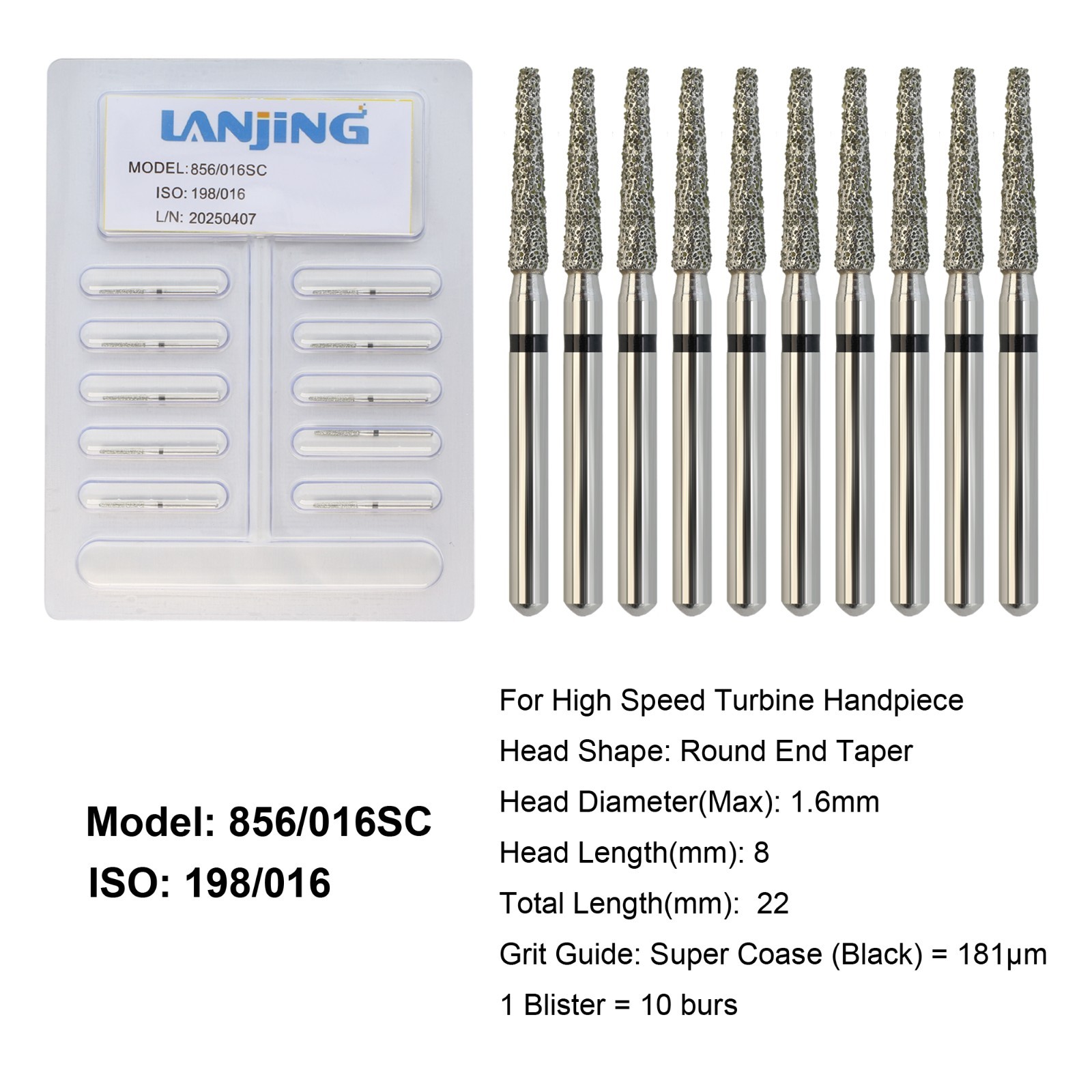 Diamond Burs Dental Round End Taper Diamond Bur FG Coarse Fine High Speed 856