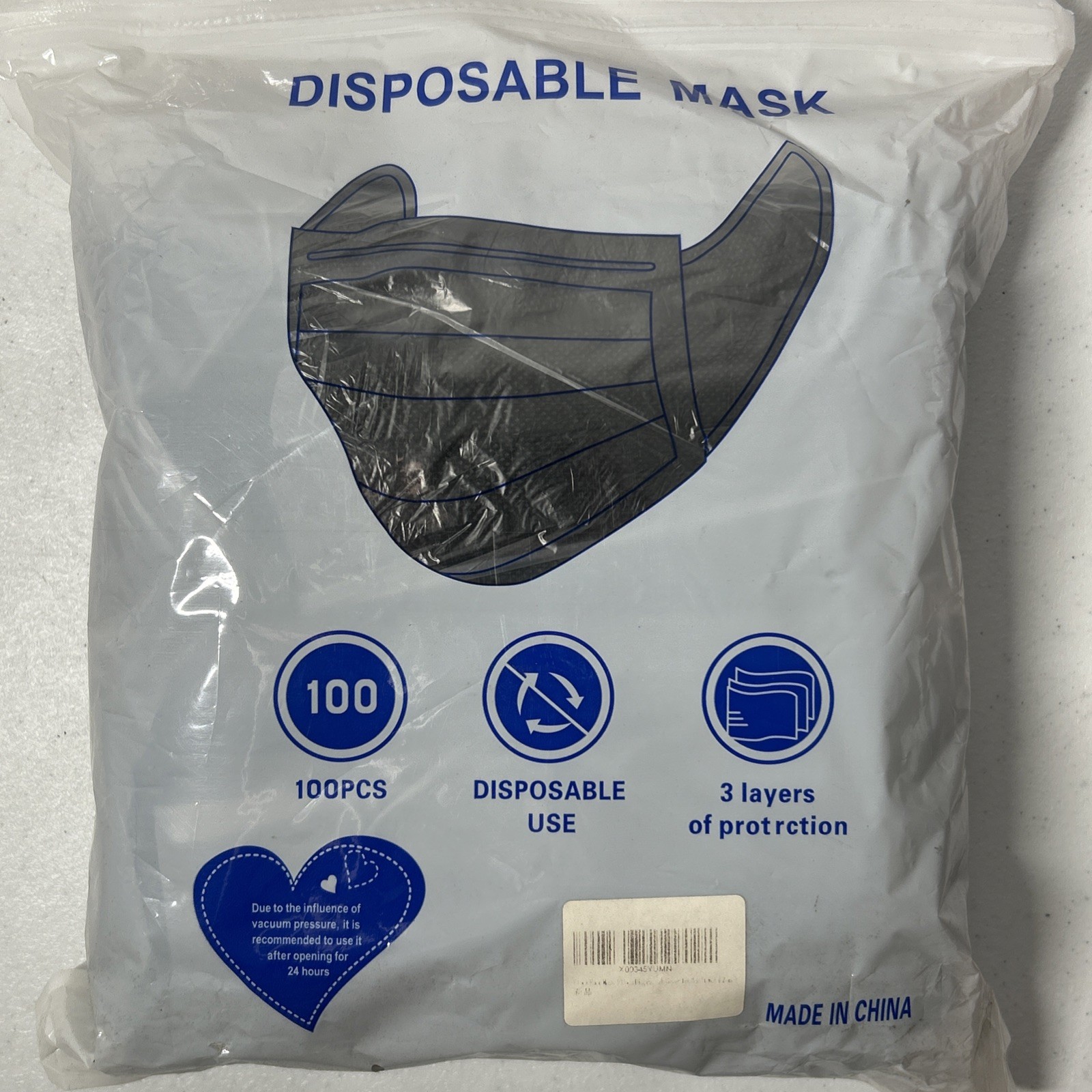 100 Disposable Face Masks Black 3 Layer Protection 2 Elastic Bands Each Side