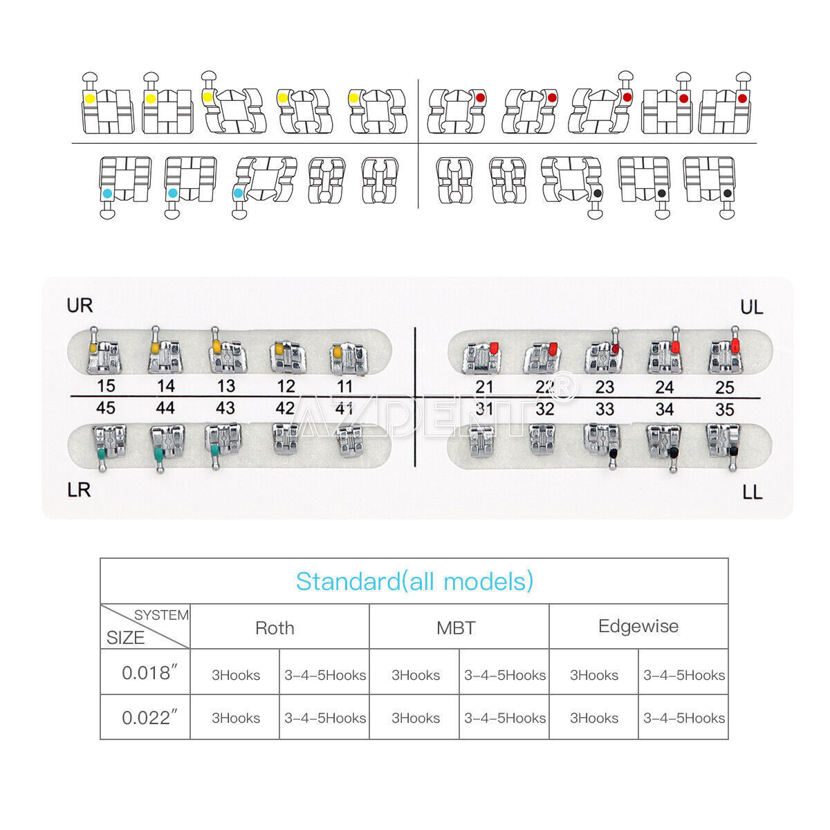 AZDENT Dental Orthodontic Metal Brackets Braces Standard MBT 022 Hooks 345/3