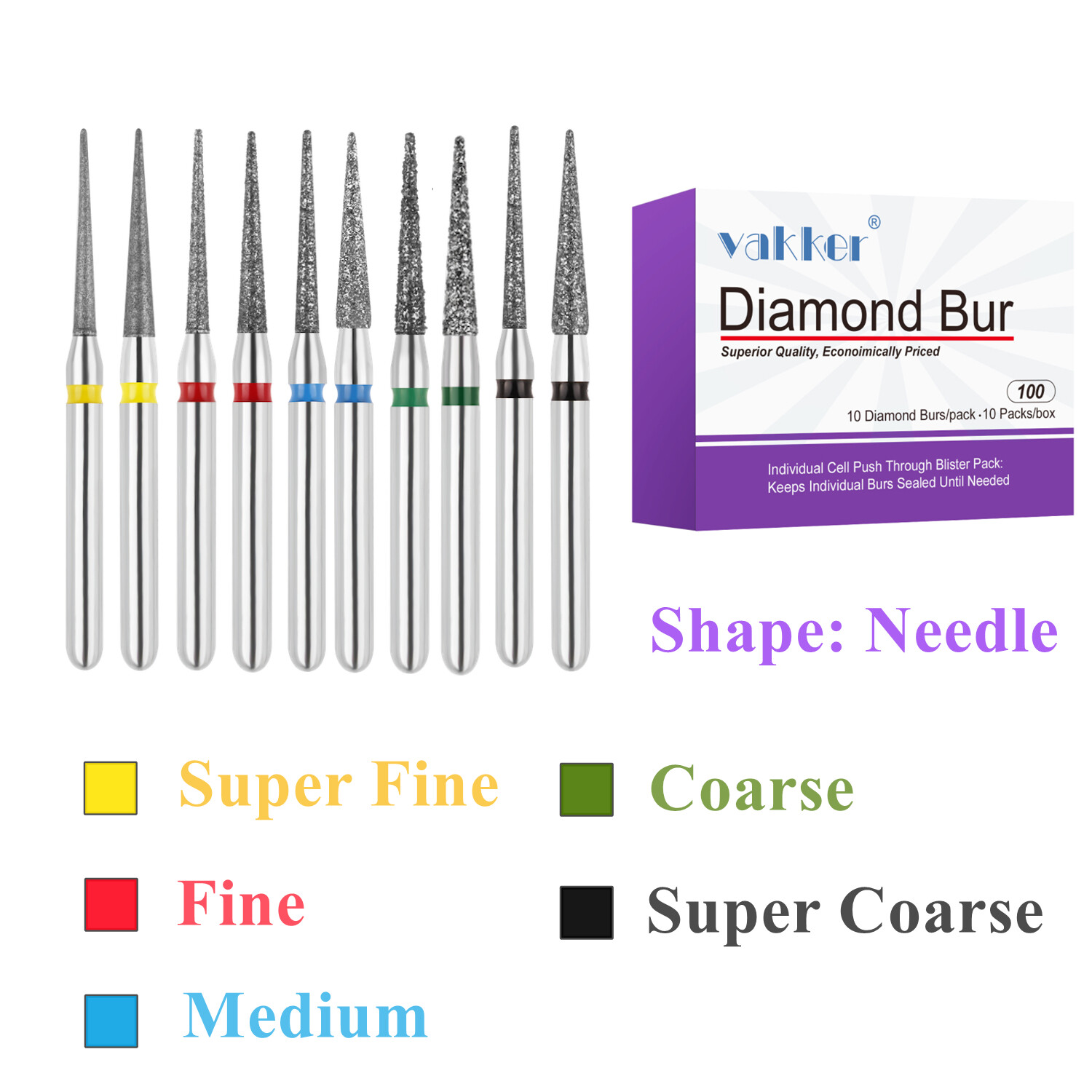 Vakker 10pc Diamond Burs Needle Burs Friction Grip Burs for High Speed Handpiece