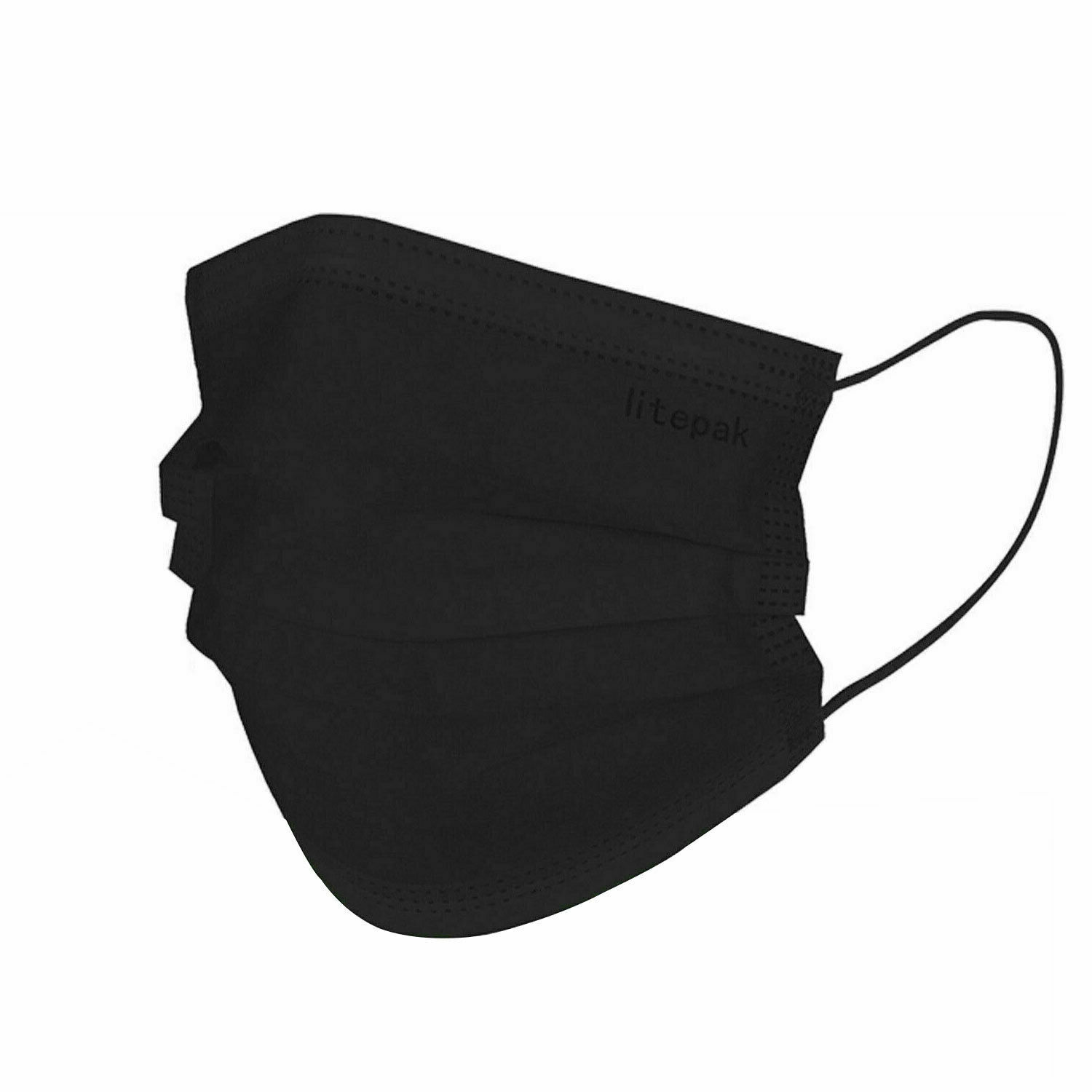 100pcs Litepak Black Disposable 3 Ply Face Mask SOFT Earloop Premium Mouth Cover
