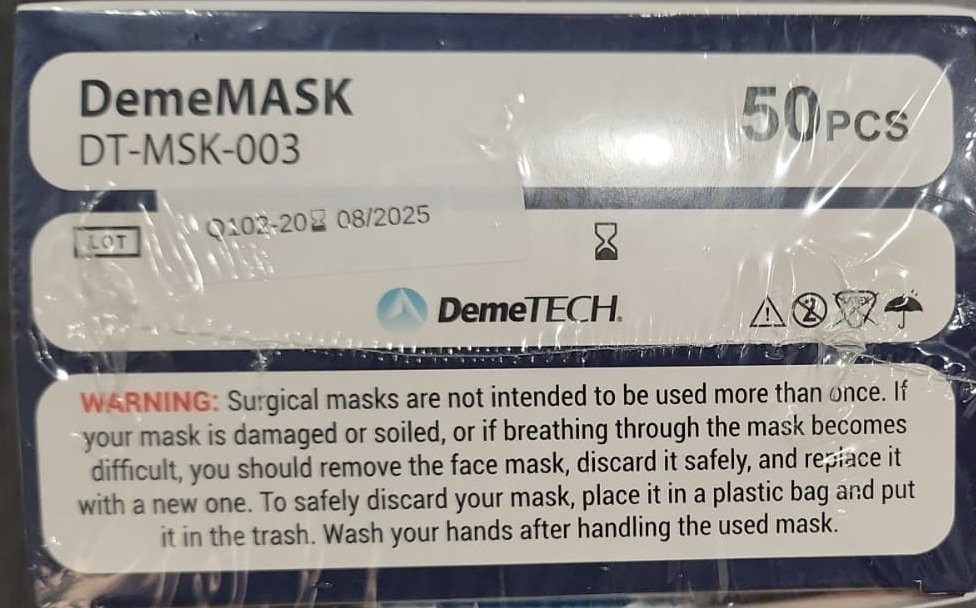 DEMETECH ASTM Level 3, Box of 50, 3 Layer Face Mask W/Ear Loops, Made in USA