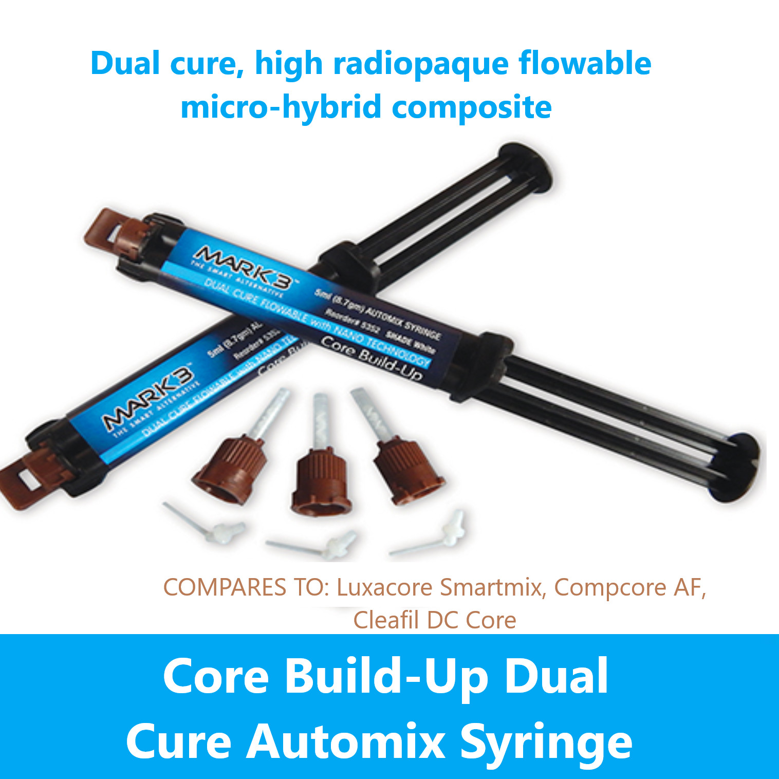 Dental Dual Cure Core BuildUp Core Material, Automix Syring, Blue, White, A3