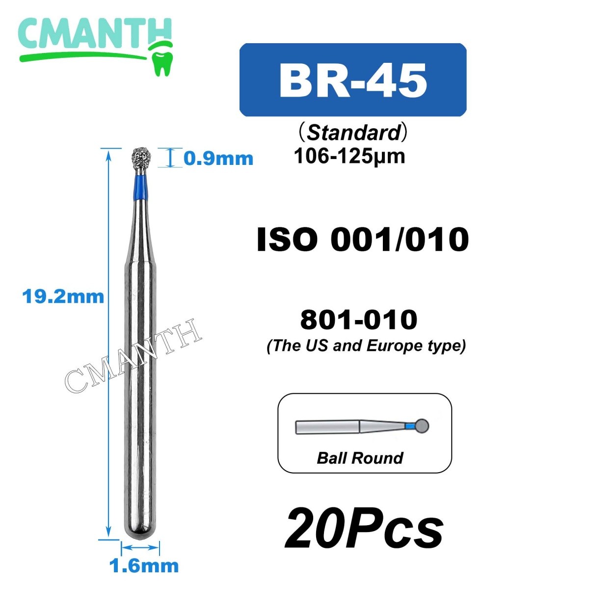 US BR Type Dental Diamond Burs Dentistry Strawberries High Speed Bur 1.6mm 20Pcs