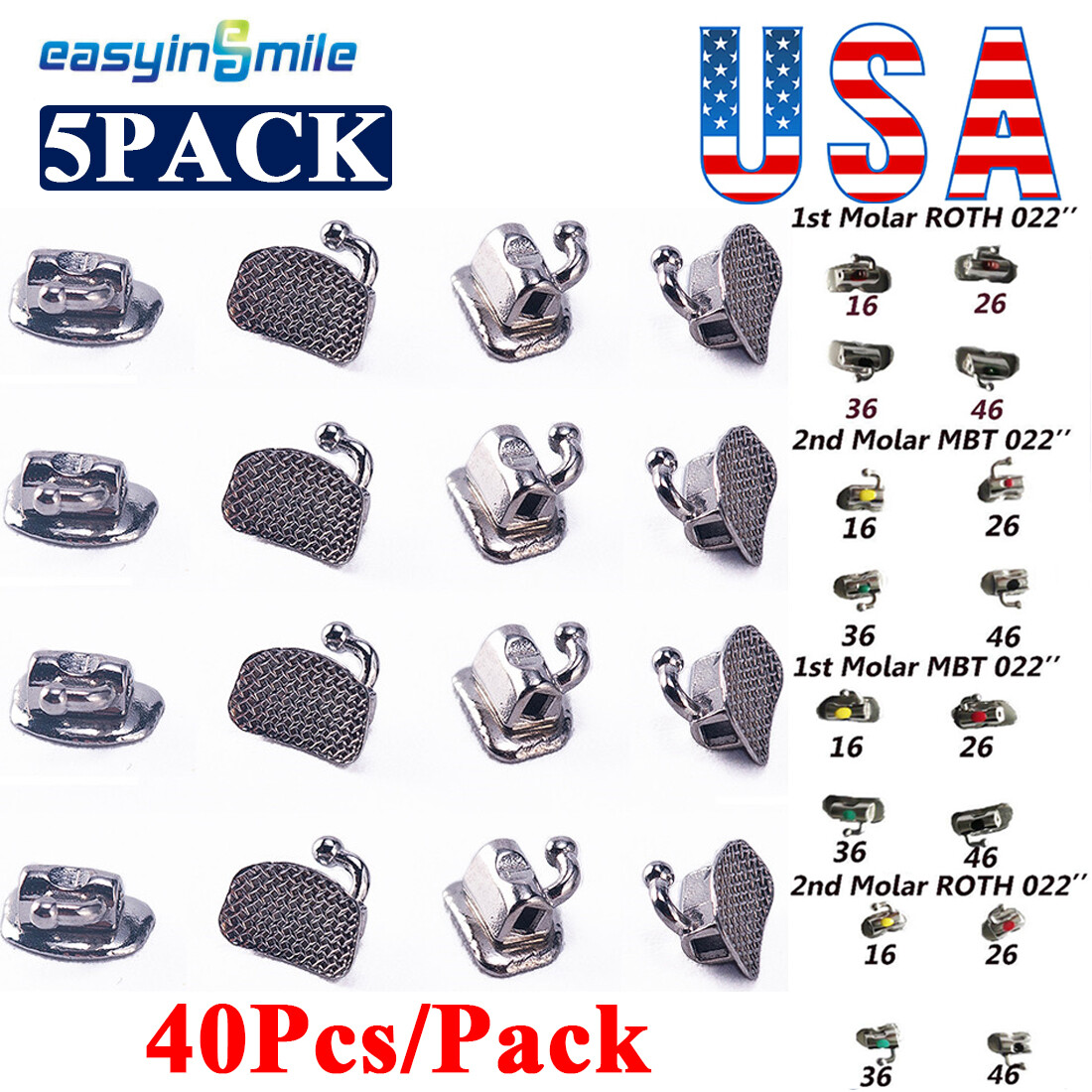 50bags Dental Orthodontic Buccal Tubes Non-conv MBT/ROTH Molar brackets 1ST/2ND