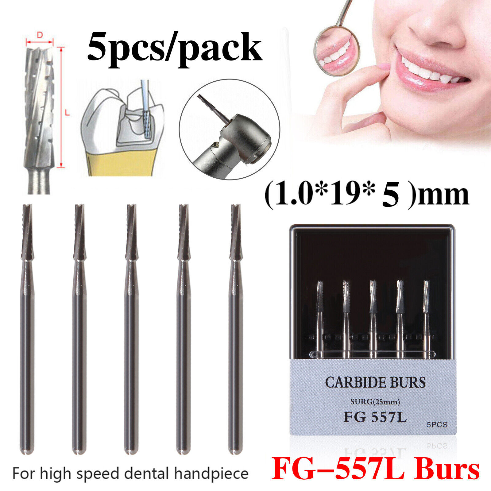 5 boxes Carbide Surgical Burs FG 557L SURG 25mm Bur for High Dental Handpiece US