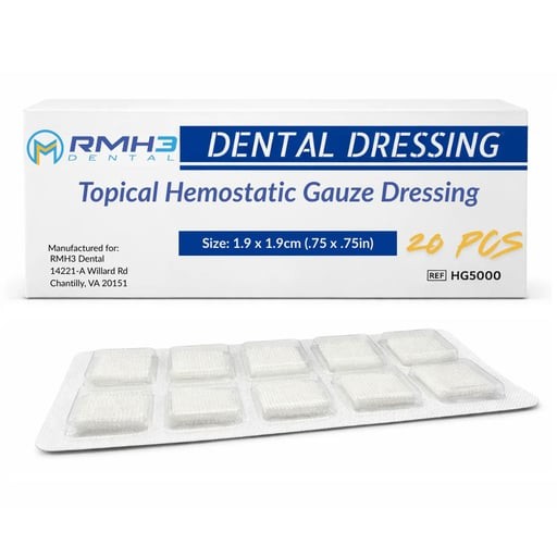 RMH3 Dental Soluble Hemostatic Gauze Dressing, 1.9 x 1.9cm (.75″ x.75″), 20/Box