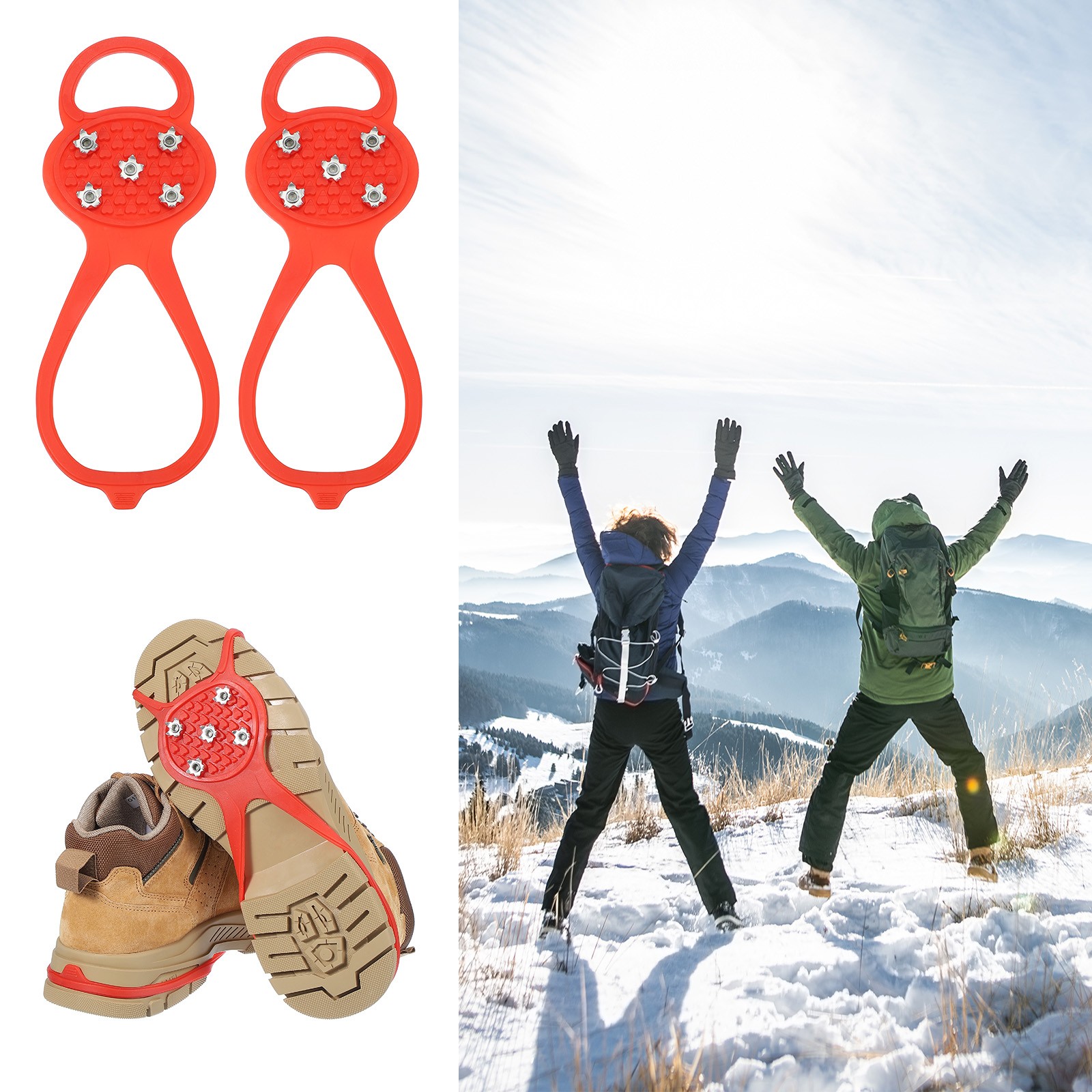3 Pcs Non-Slip Spikes, 5 Tooth Steel Nails Ice Cleats, Red Size-M