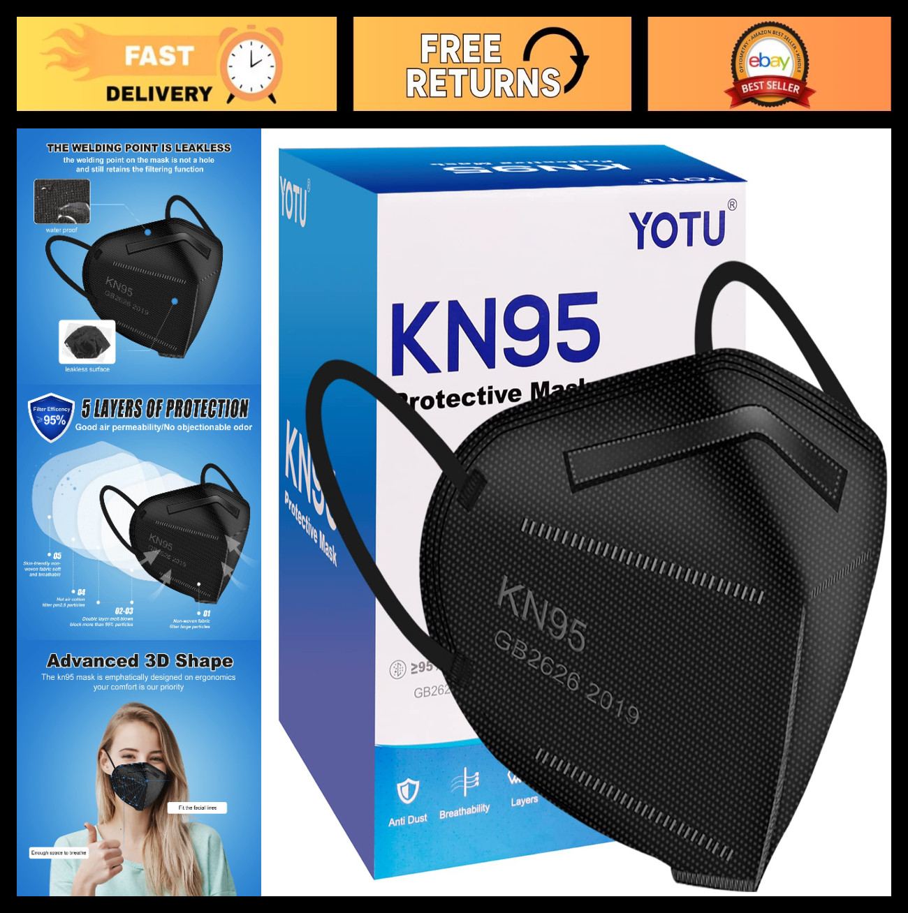 60 Pcs KN95 Face Masks, 5-Layer Cup Design, 95% Filter Efficiency, Home & Work