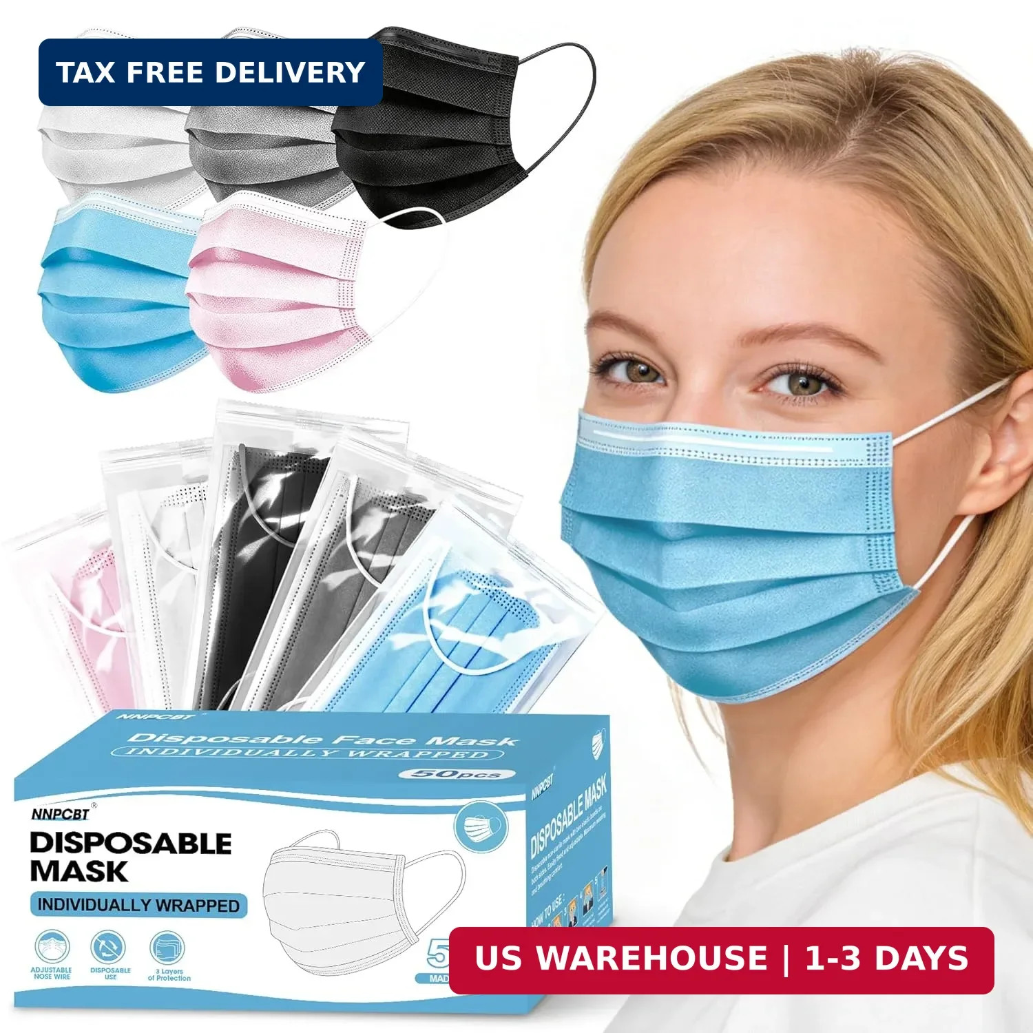 NNPCBT 5 Color Disposable Face Masks 50pcs, Individually Wrapped Masks for Adult