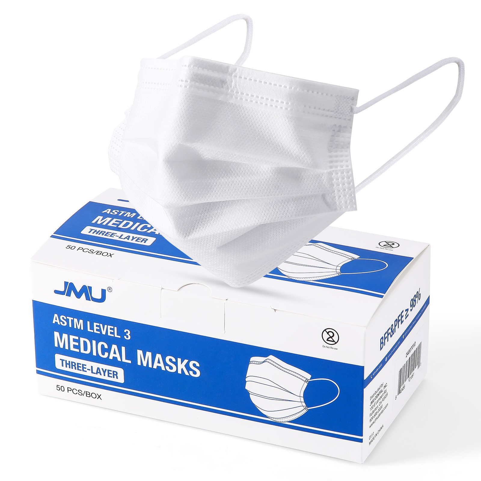50/250/500 JMU ASTMMask ASTM Level 3 Medical Surgical Dental 3-Ply Earloop Masks
