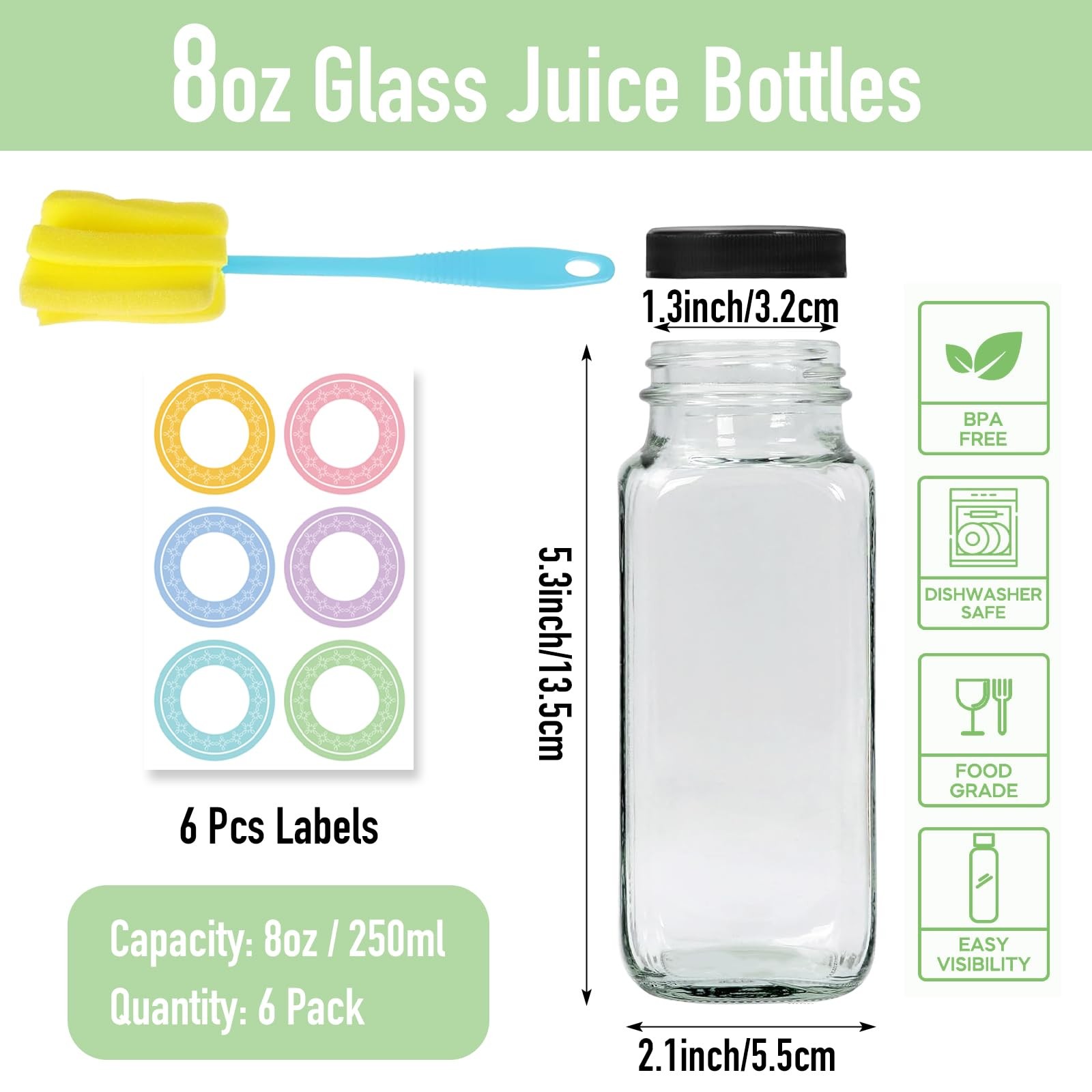 NEWMIAO 6 pack 8 oz Glass Juice Bottles with Lids, 250 ml Reusable 8oz-6pack