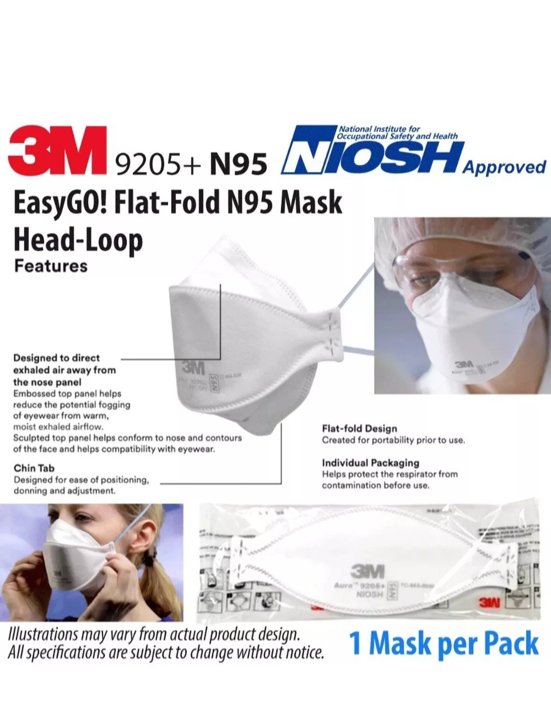 20 Pack 3M Aura 9205+ N95 Particulate Respirator Face Mask NIOSH – White