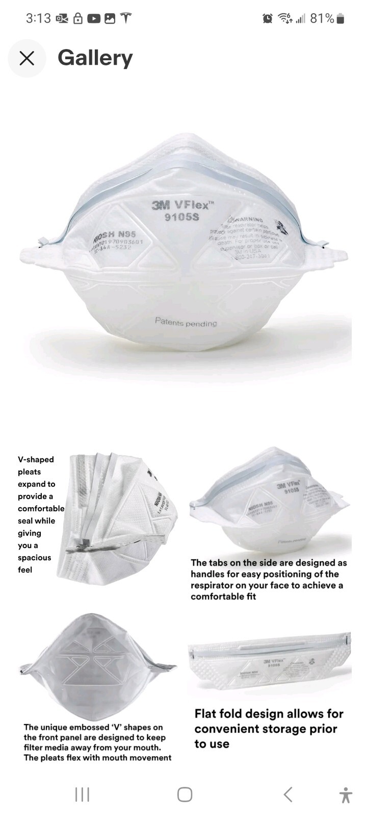 3M 9105S VFlex N95 Particulate Respirator, Size Small, 50/Box. 1 case 400 mask