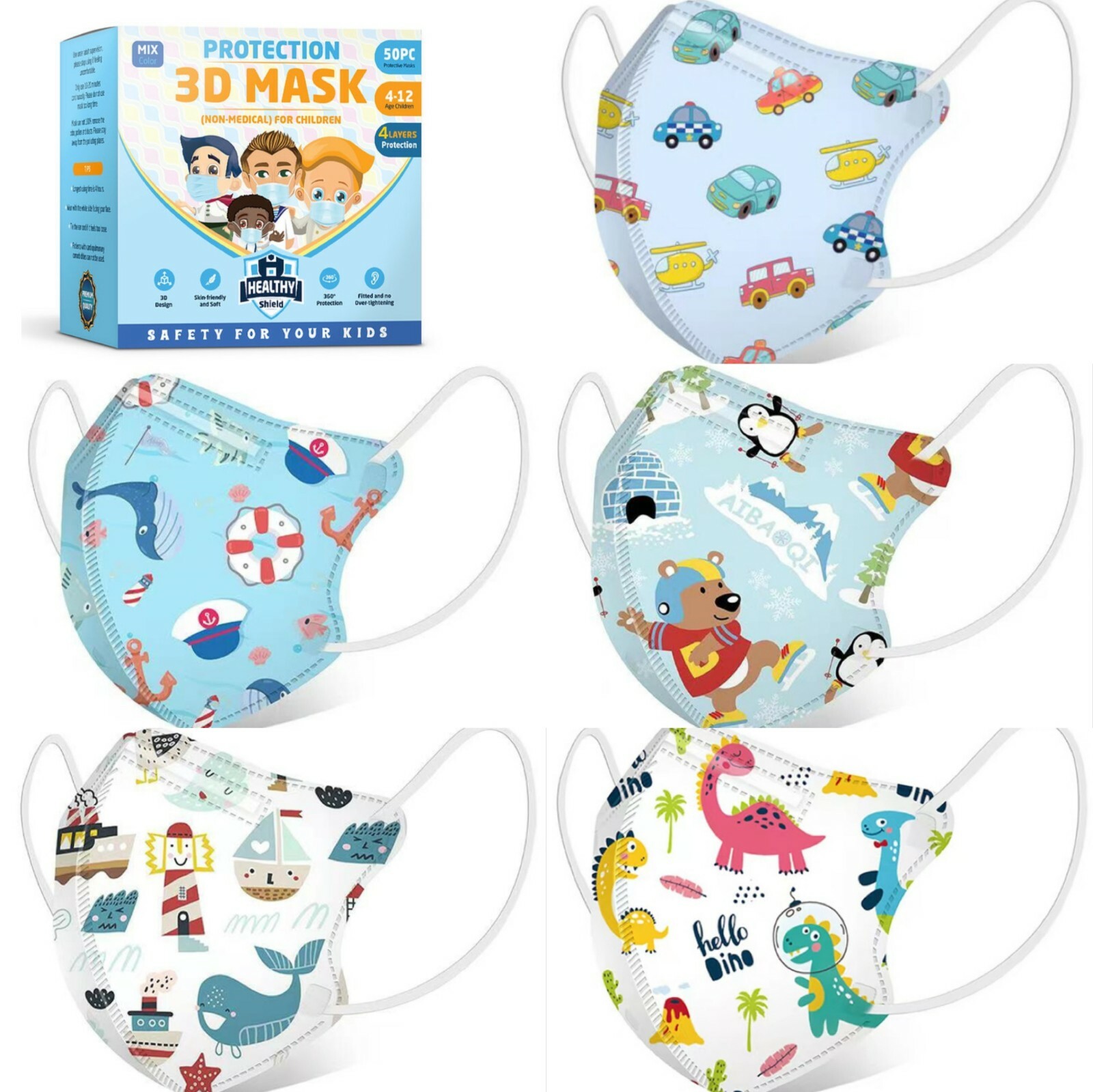 100 Pcs Cartoon Kids BFE 95% Protective 4 Layer Face Masks Disposable Respirator