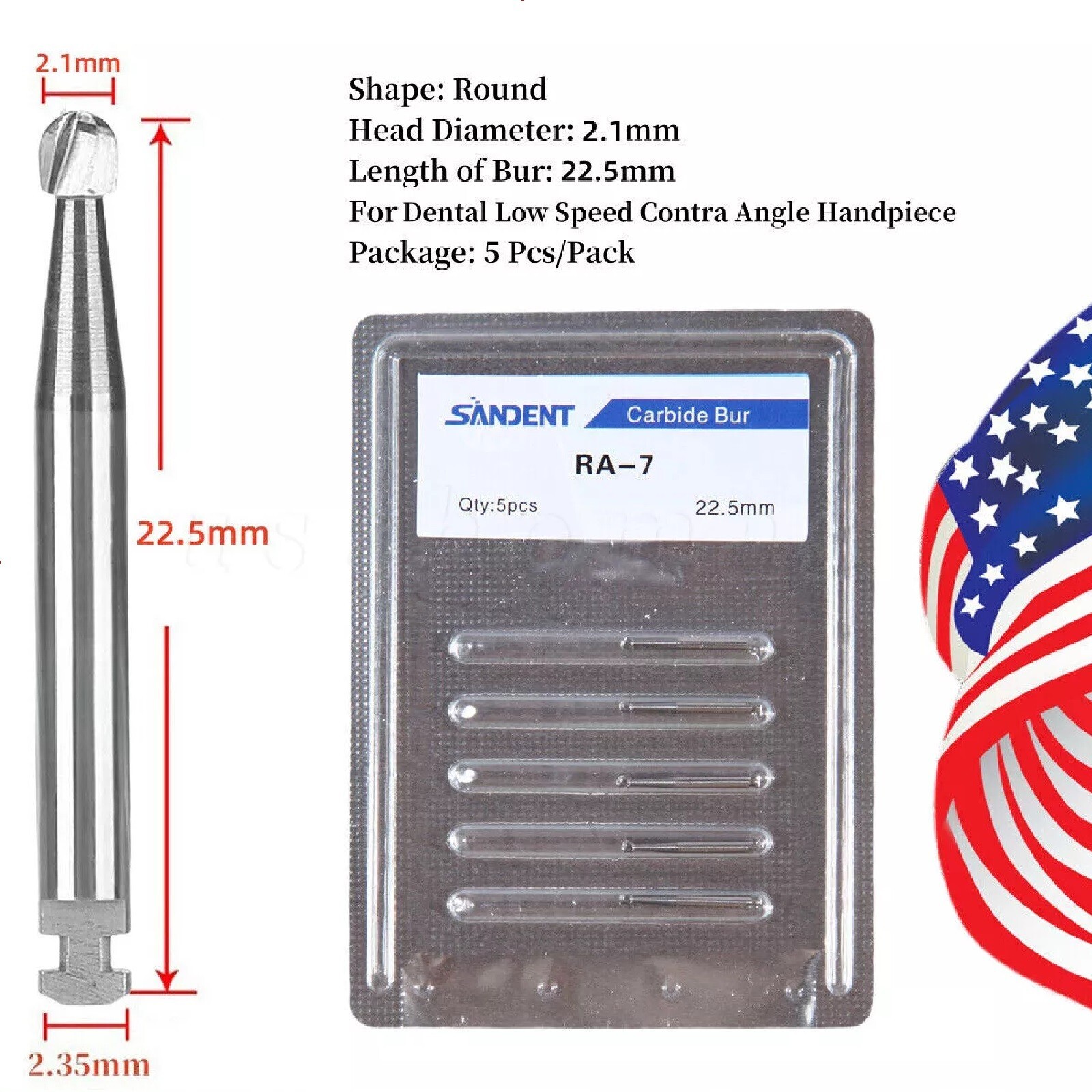 5 Pcs/Pack Dental 22.5mm Round Carbide Bur Slow Speed Latch Type RA7 Burs USA