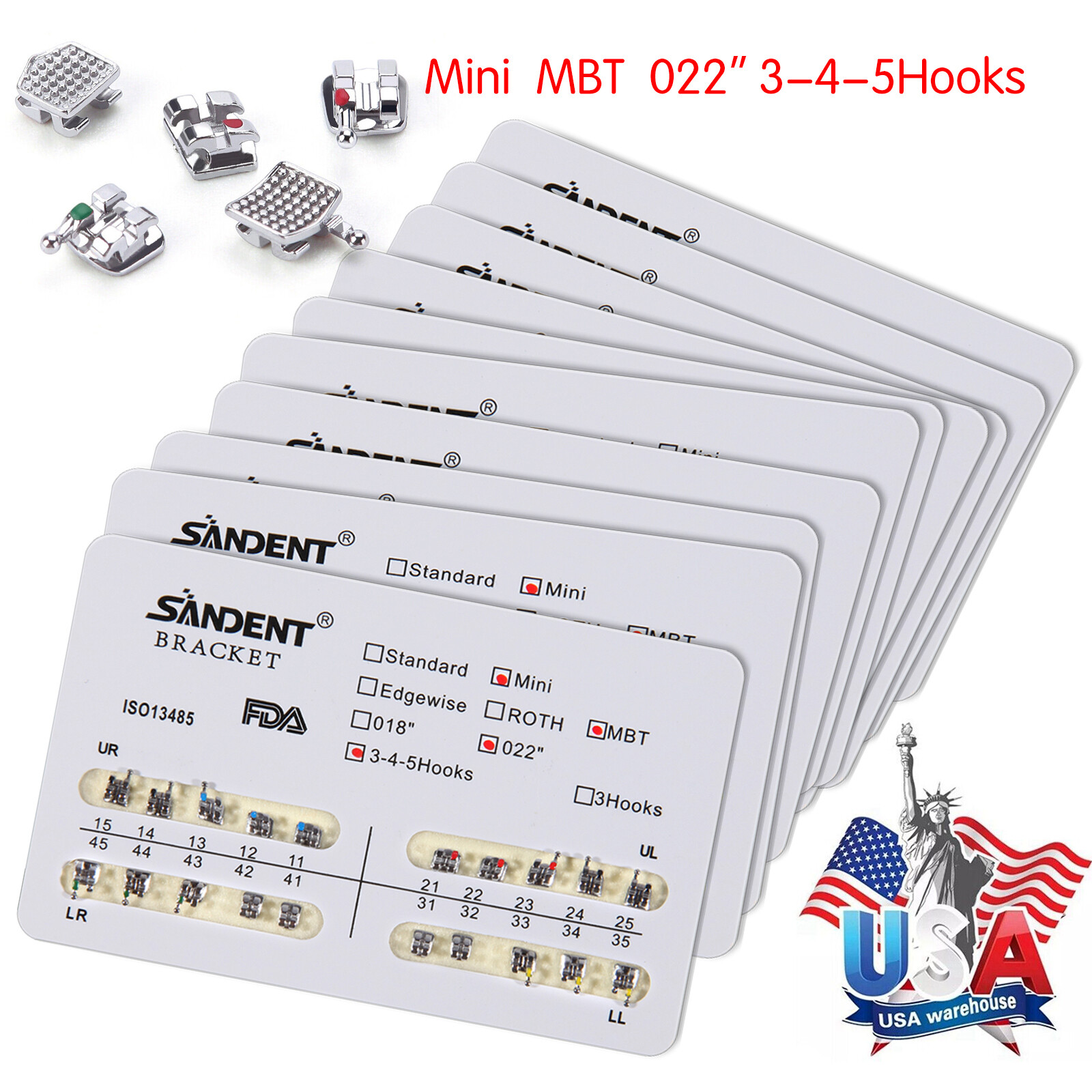 10 Packs/200pcs Orthodontics Metal Mini MBT 022 Slot Bracket 345 Hooks USA STOCK