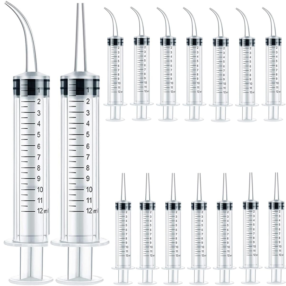 TIHOOD 16PCS 12ml/cc Plastic Syringes Set, Syringe with Curved Tip and Clear