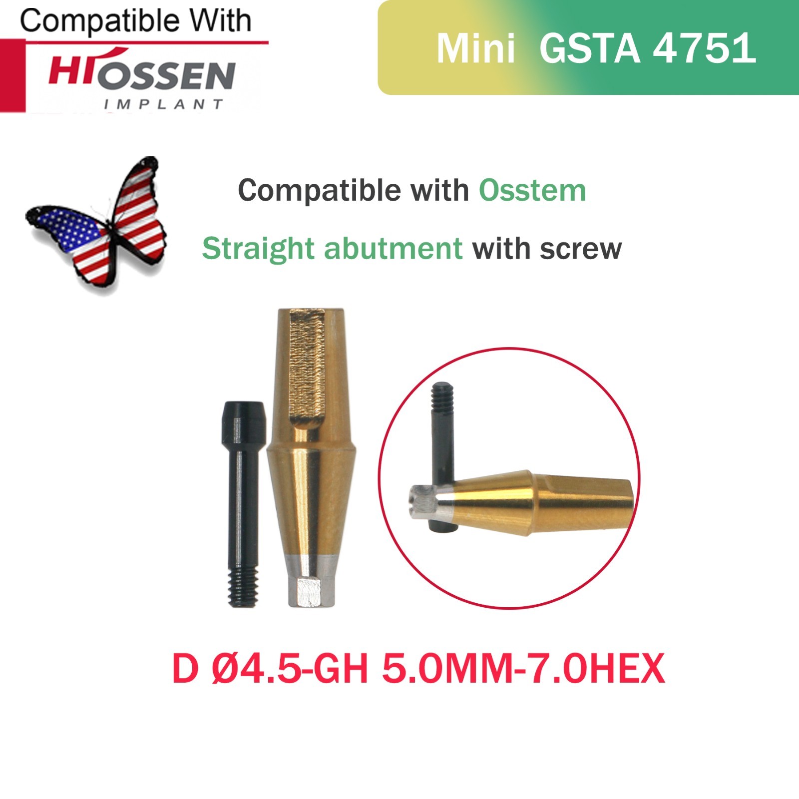 US Titanium Straight Transfer Hex Abutment Fit Hiossen ET/Osstem TS Mini/Regular
