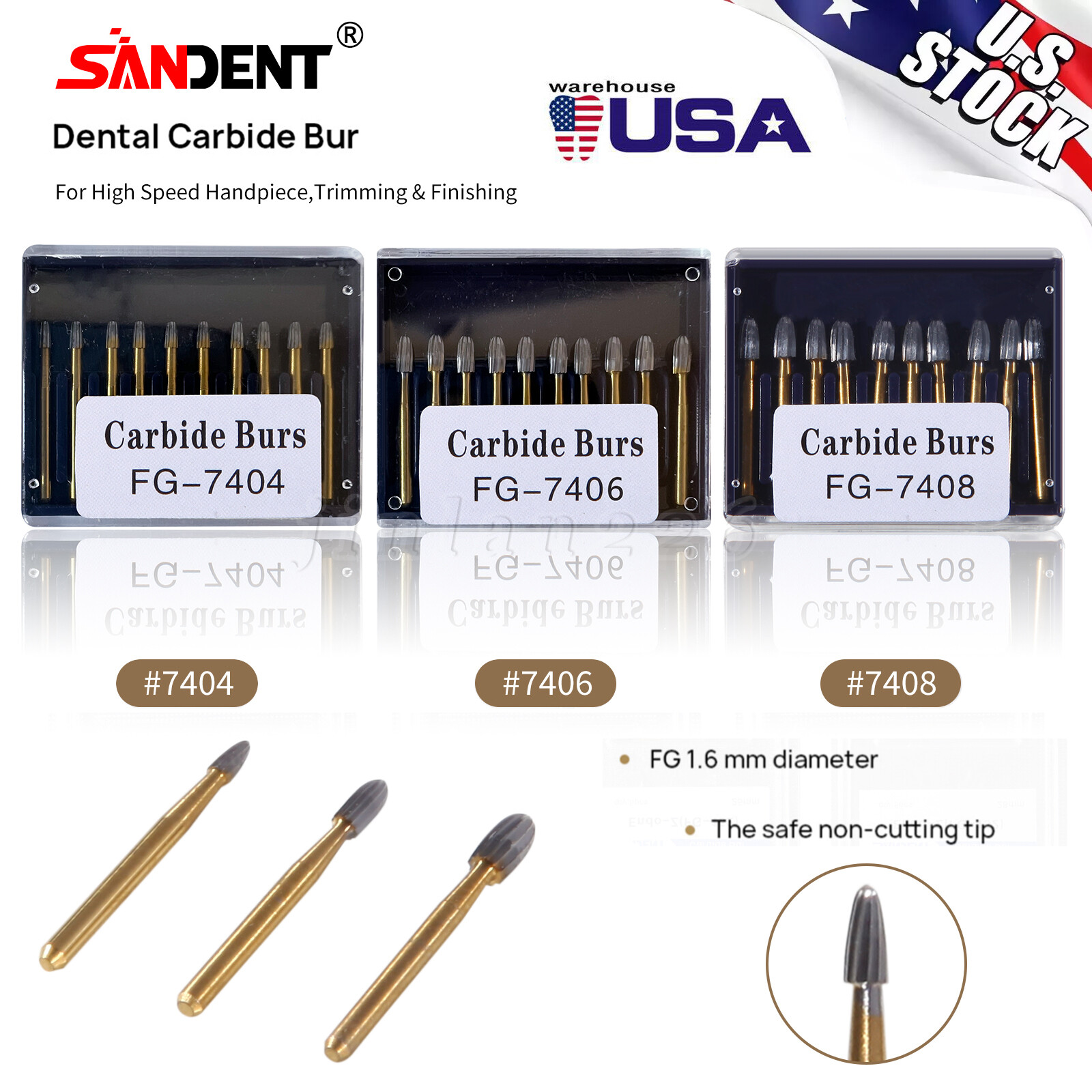 FG 7404 7406 8 Dental Trimming & Finishing Carbide Burs For High Speed Handpiece