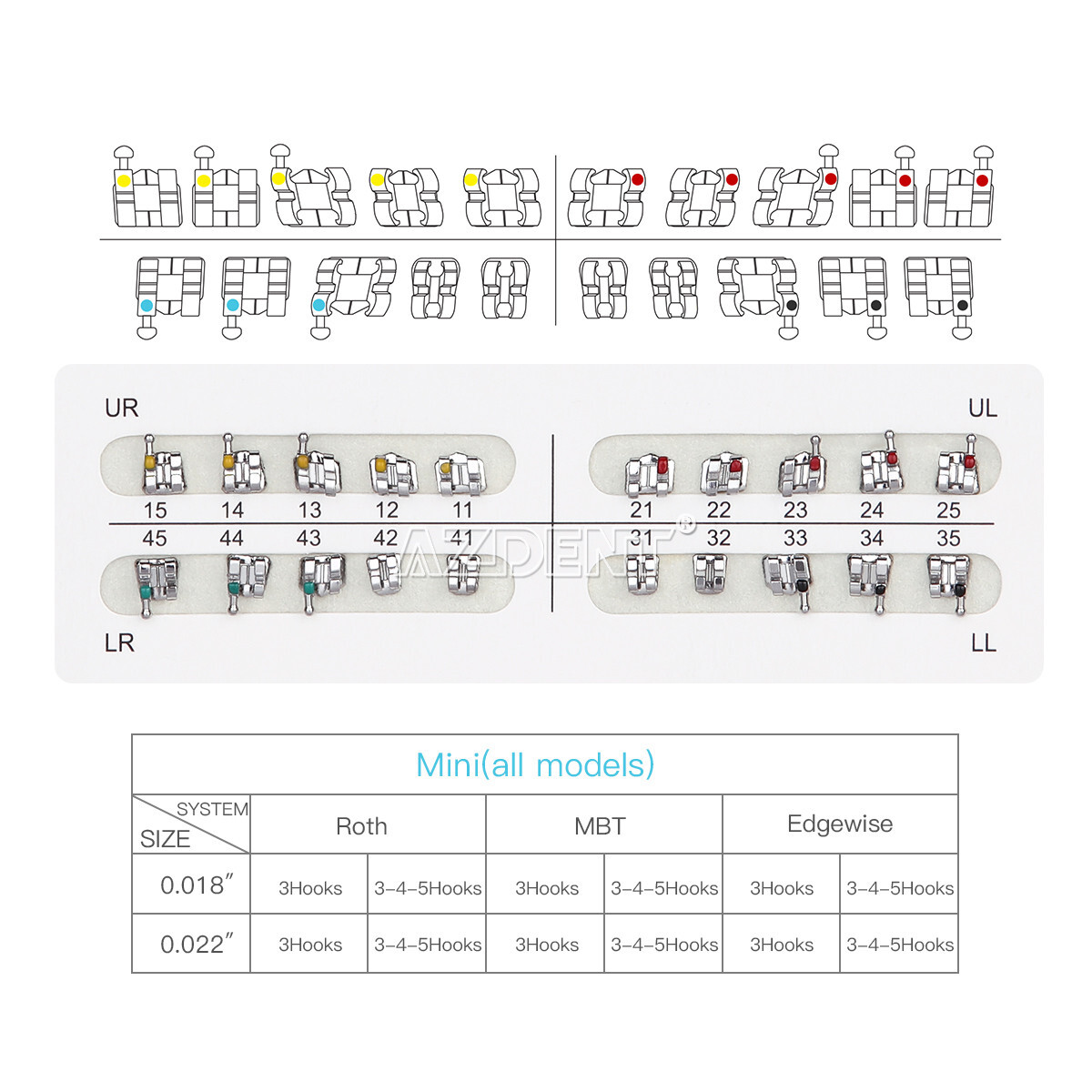 10 Packs AZDENT Dental Orthodontic Metal Brackets Braces Mini Roth.022 Hooks 345