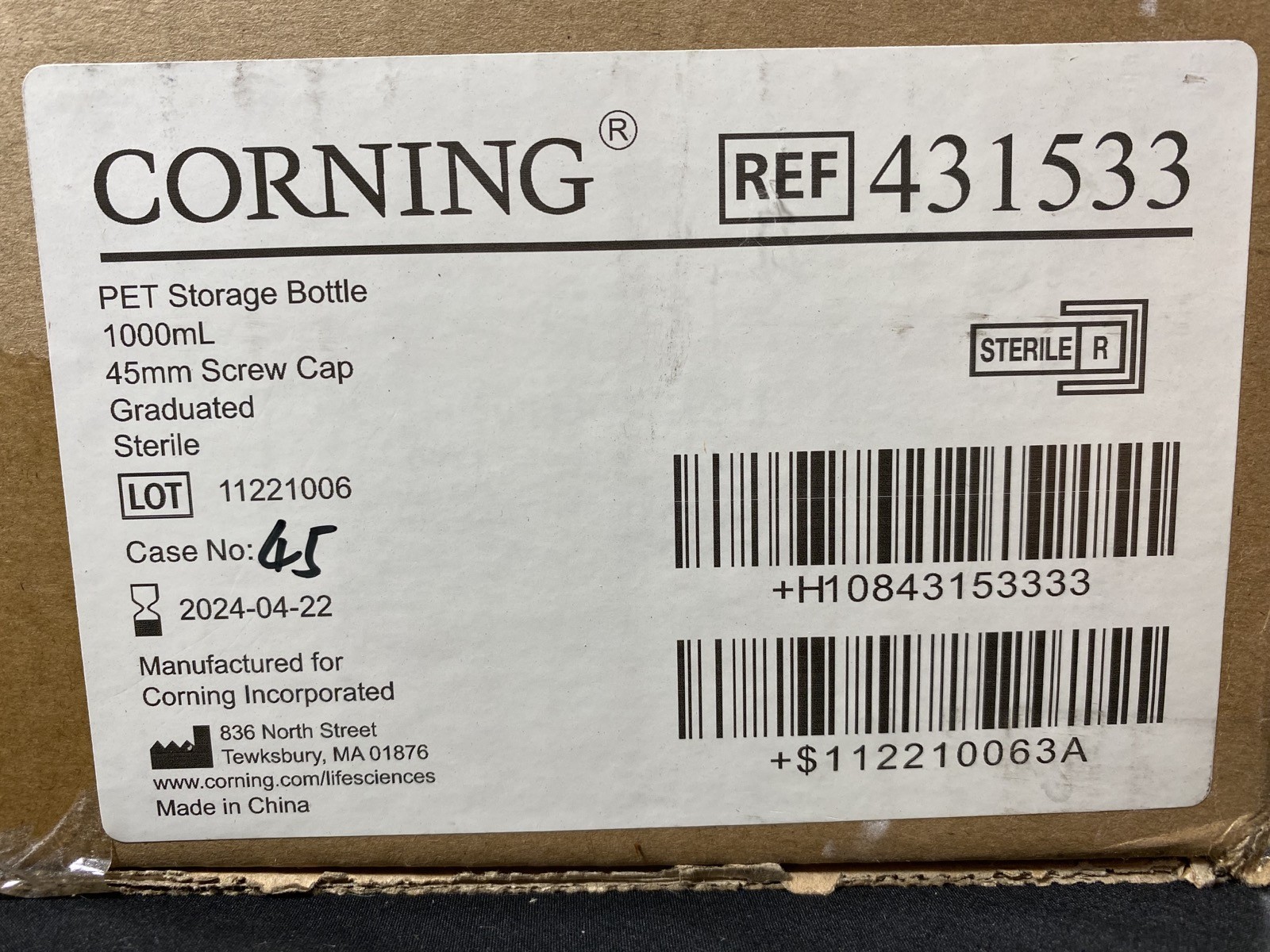 CORNING 1000mL Square PET Sterile 45mm Screw Cap Storage Bottle 431533 (24/Case)