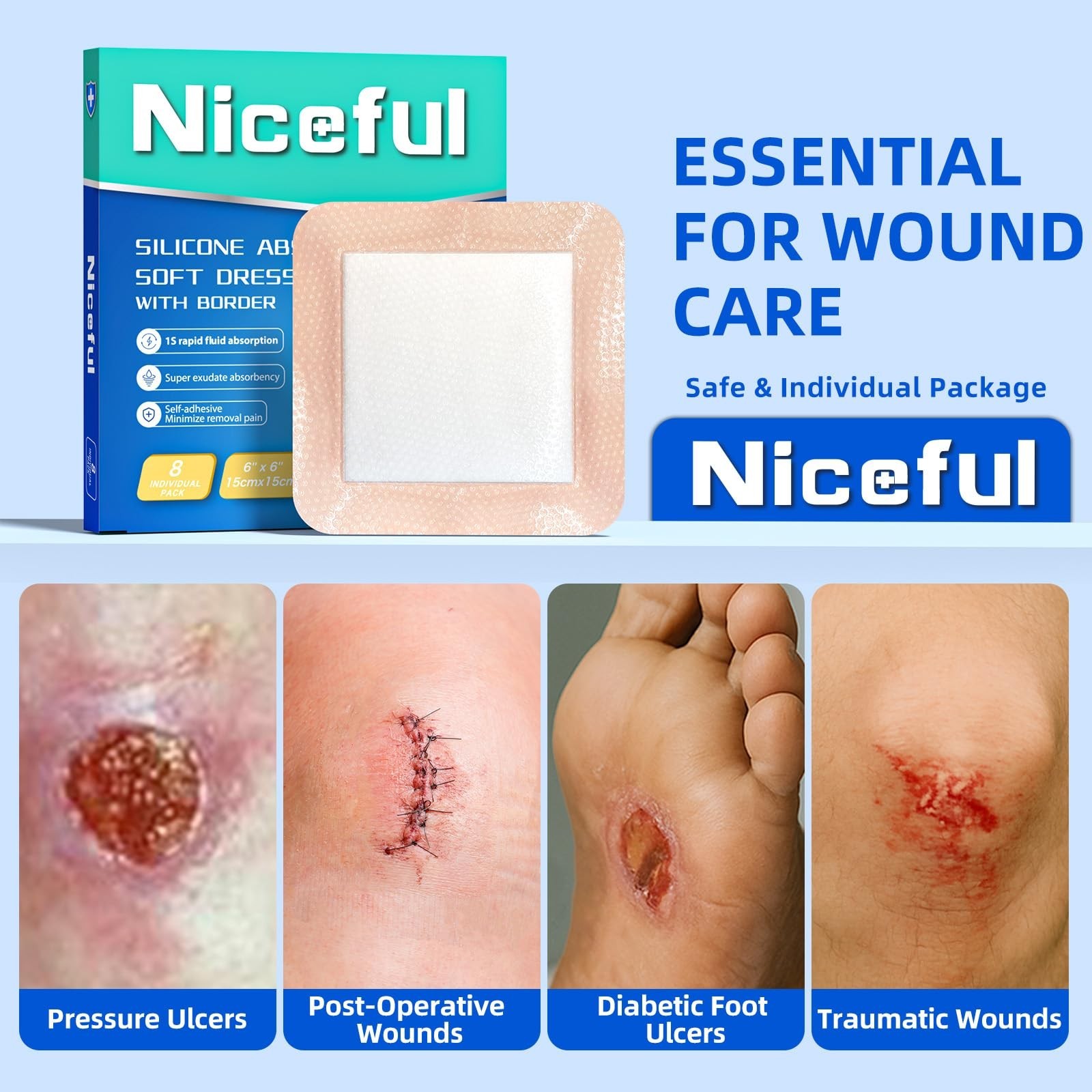 Niceful Super Absorbent Silicone Foam Dressing 6″ x 6″ (8 PCS)- Gentle Border…