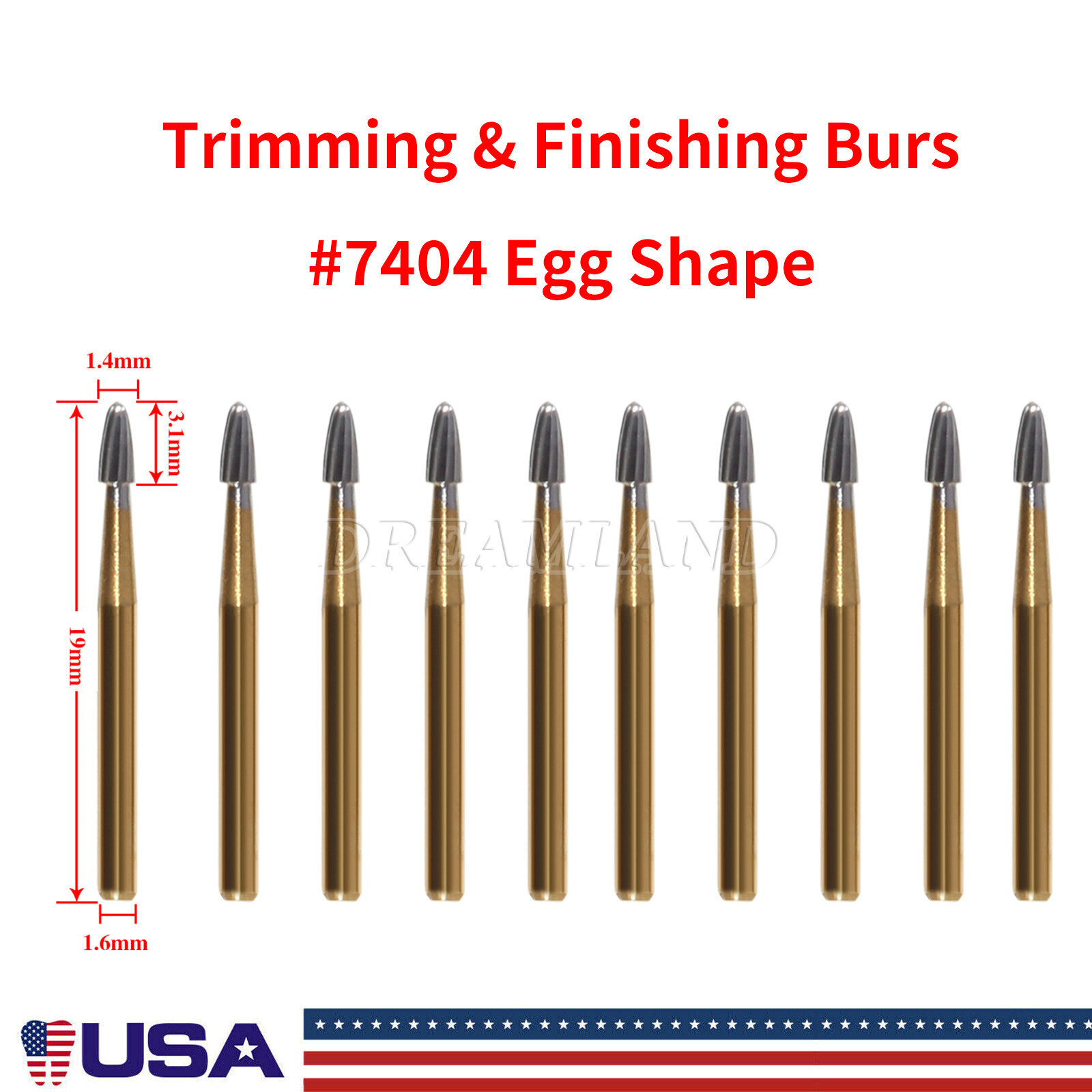 10 Pcs FG 7404 Dental Trimming & Finishing Carbide Burs For High Speed Handpiece
