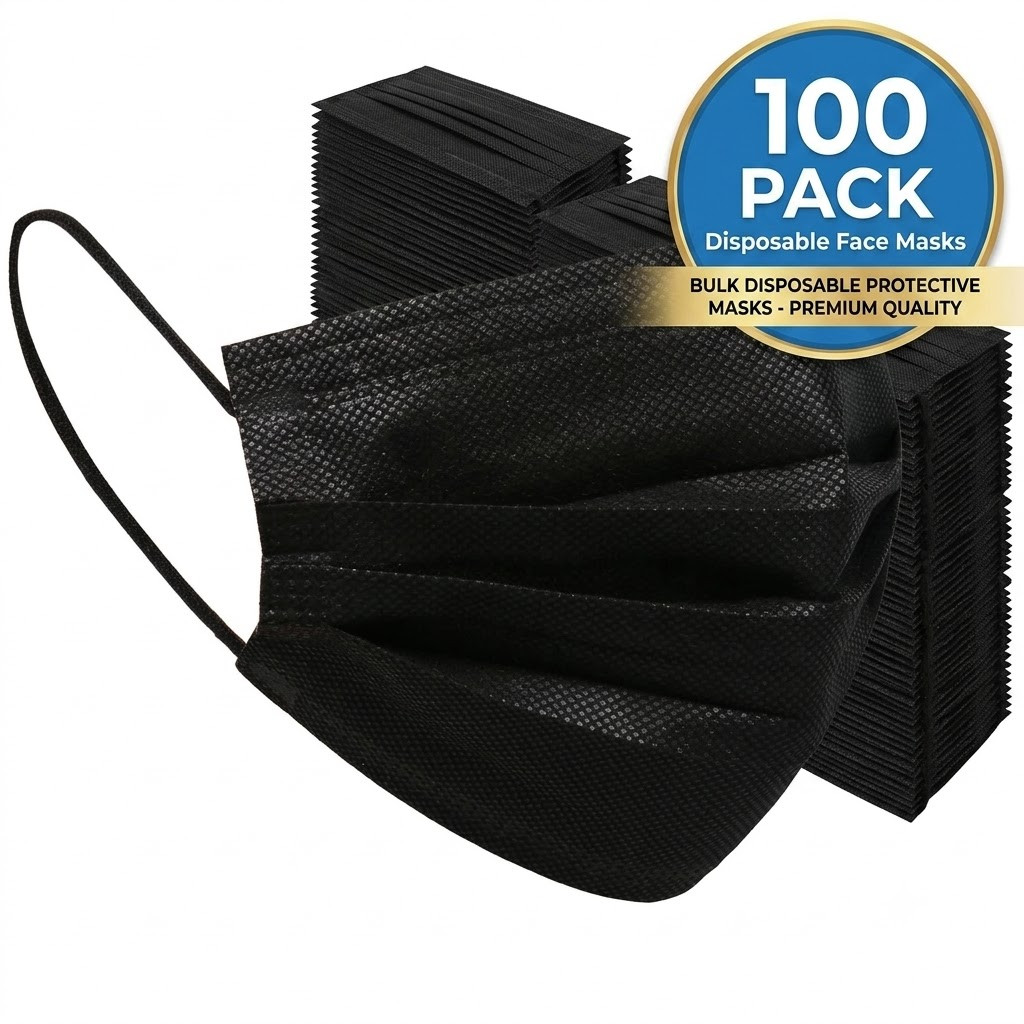 100PCS All-Black Disposable Face Masks 3 Ply Non Medical