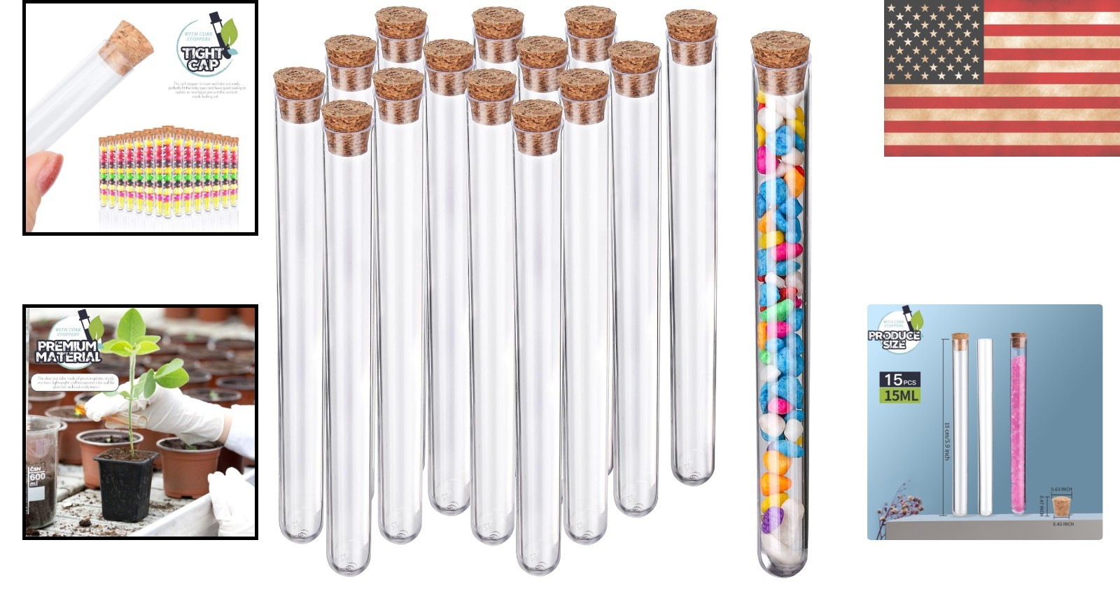 Clear Plastic Tubes, 15pcs with Secure Cork – Perfect for Crafts and Gifts