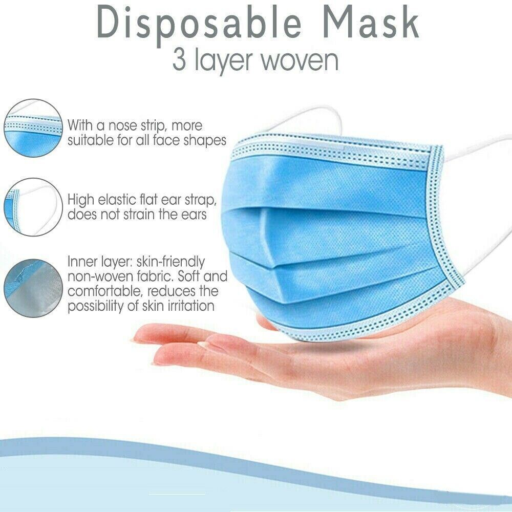 50 Disposable Medical,Surgical,Dental 3-Layers Face Mask Mouth Cover Blue Color