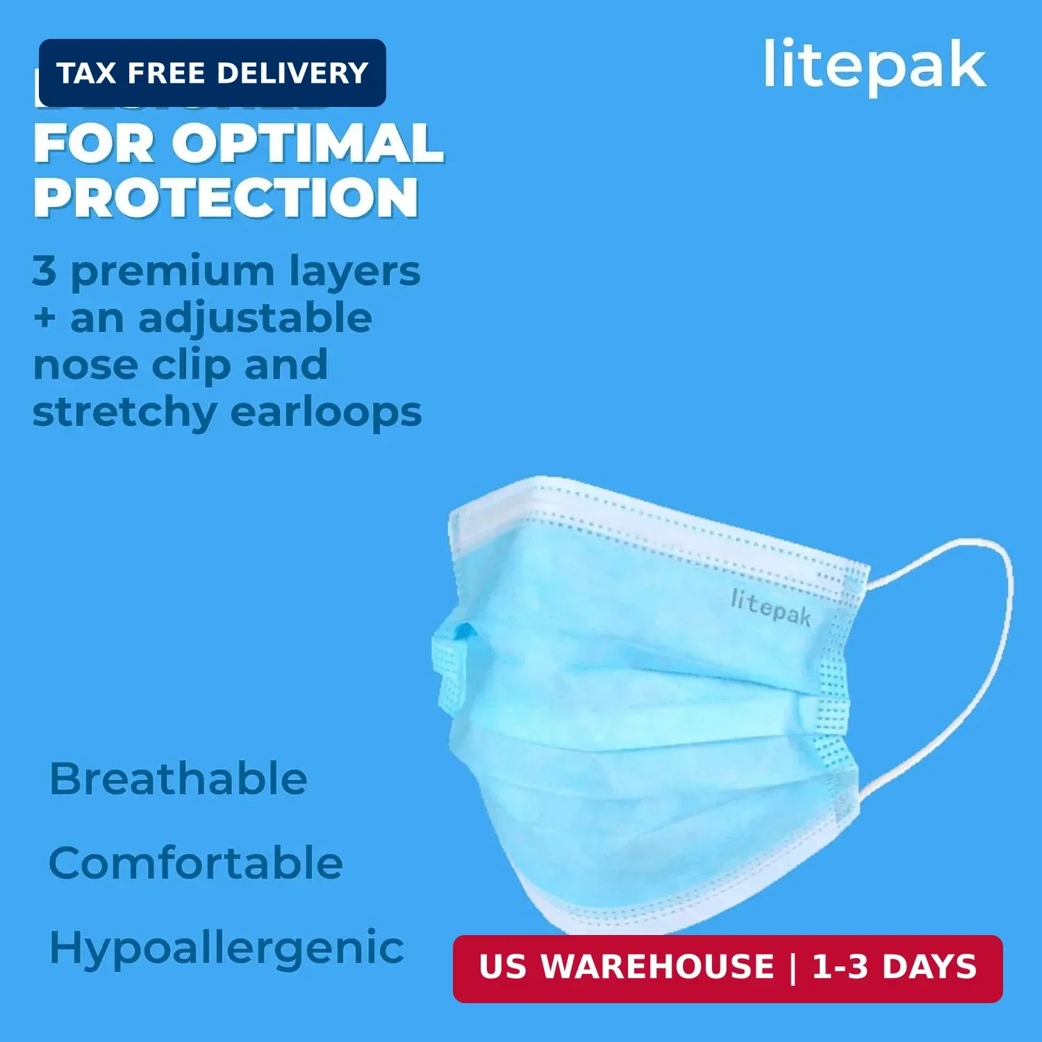2,000pcs Disposable Face Masks- 3 Ply Breathable Mask For Adults – Blue (40 Pack