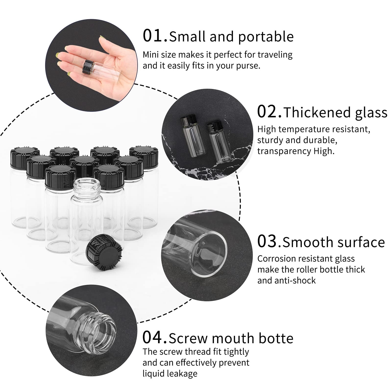 50pcs 10ml Clear Glass Vials with Screwcap Empty Vials Bottles Liquid Lab Sam…
