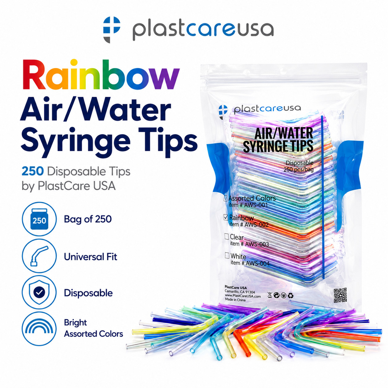 20 Bags Dental Disposable Air Water Syringe Tips, Assorted Rainbow, (5000 Total)