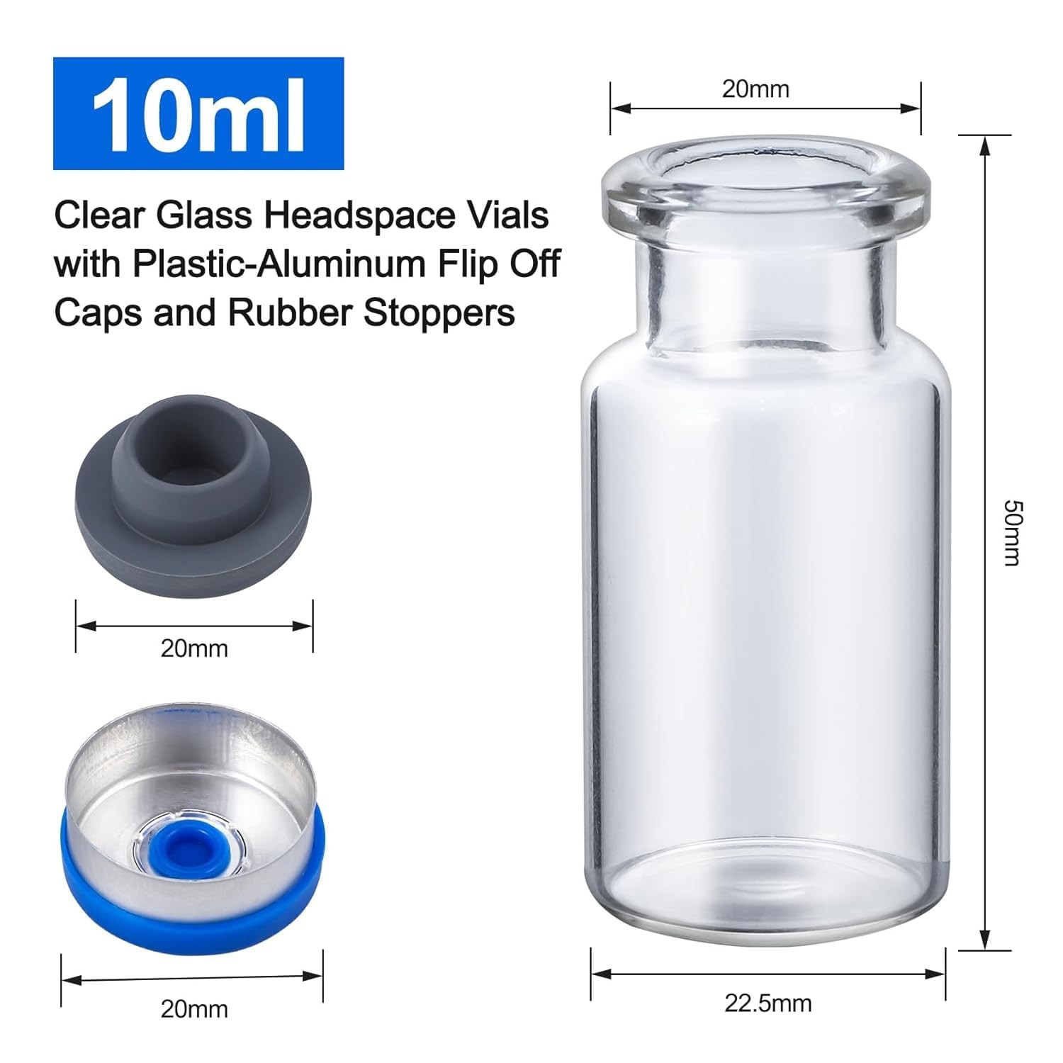 1000PCS Crimp Top Headspace 10mL Vials Aluminum Caps HPLC Lab Clear Glass Bottle