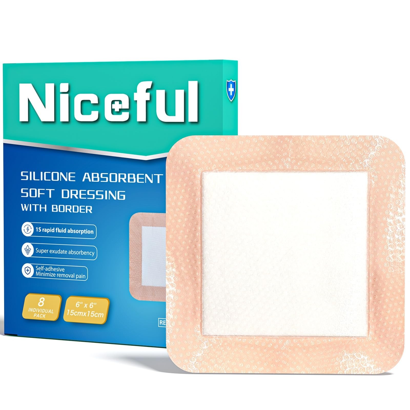 Niceful Super Absorbent Silicone Foam Dressing 6″ x 6″ (8 PCS)- Gentle Border…