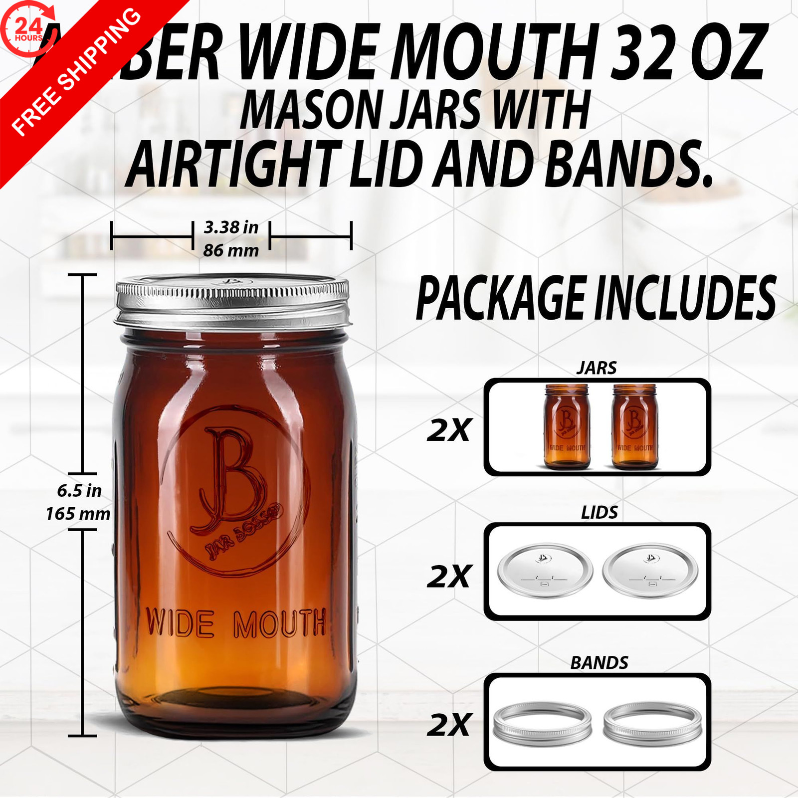 Amber Wide Mouth Mason Jars 32 oz – (2 Pack) – Glass 32 ounces,