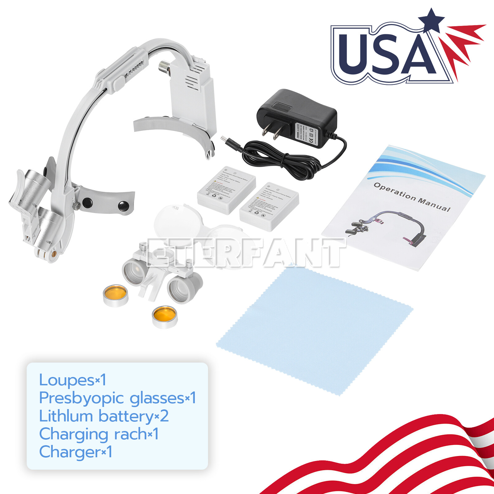 ETERFANT Dental 3.5X Headband Binocular Loupes+5W Dual LED Head Light 2 Leds